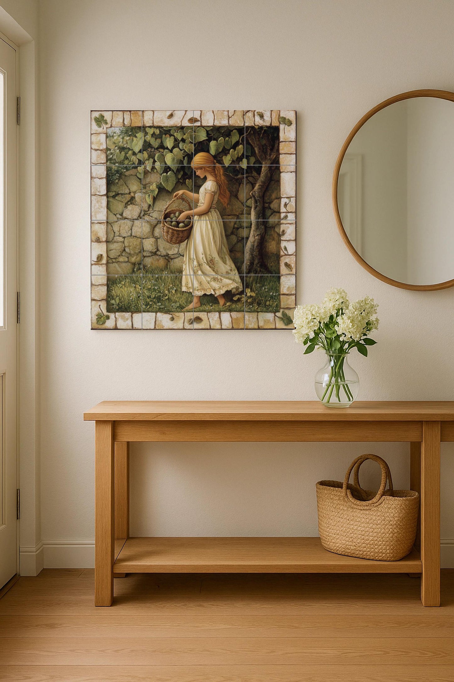 Ceramic mural of apple harvest: rustic country mosaic with young woman, fruit basket, stone wall and decorative pastoral tiles.