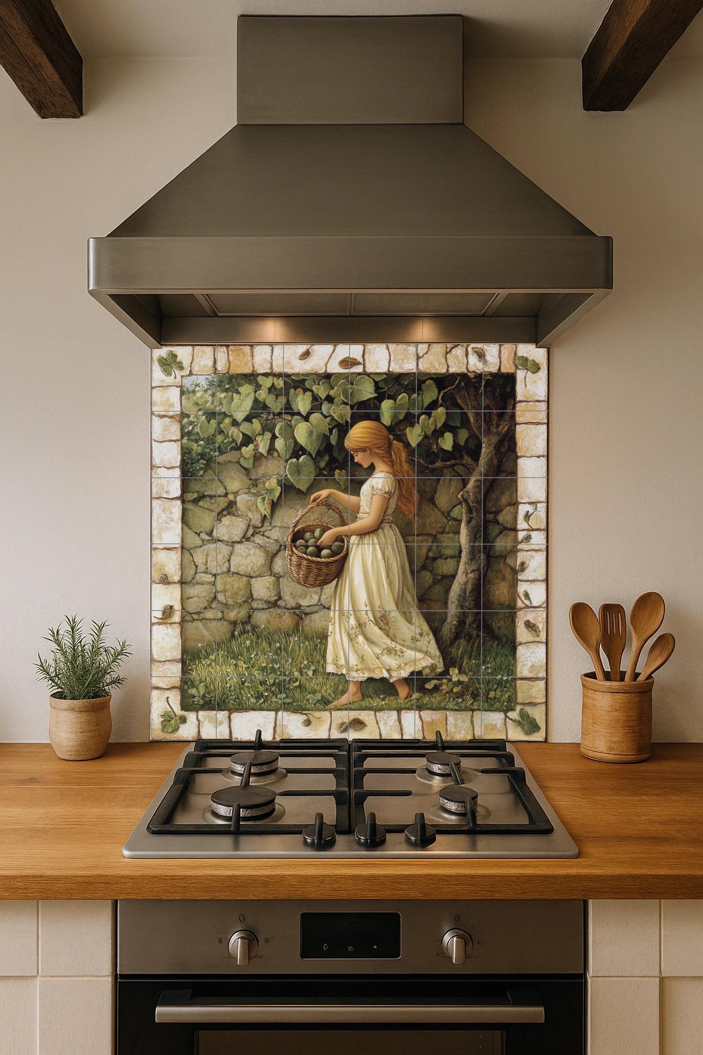 Ceramic mural of apple harvest: rustic country mosaic with young woman, fruit basket, stone wall and decorative pastoral tiles.