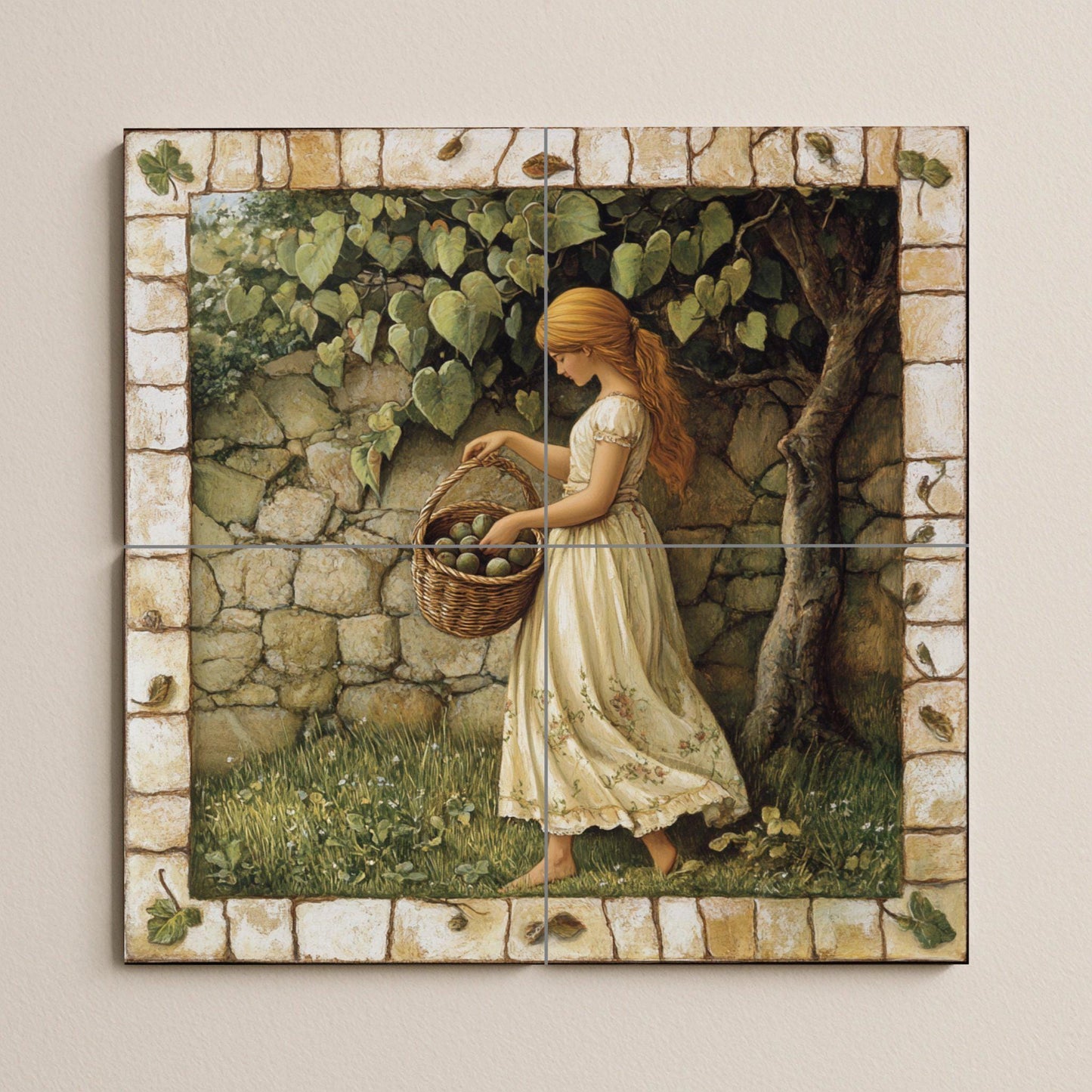 Ceramic mural of apple harvest: rustic country mosaic with young woman, fruit basket, stone wall and decorative pastoral tiles.