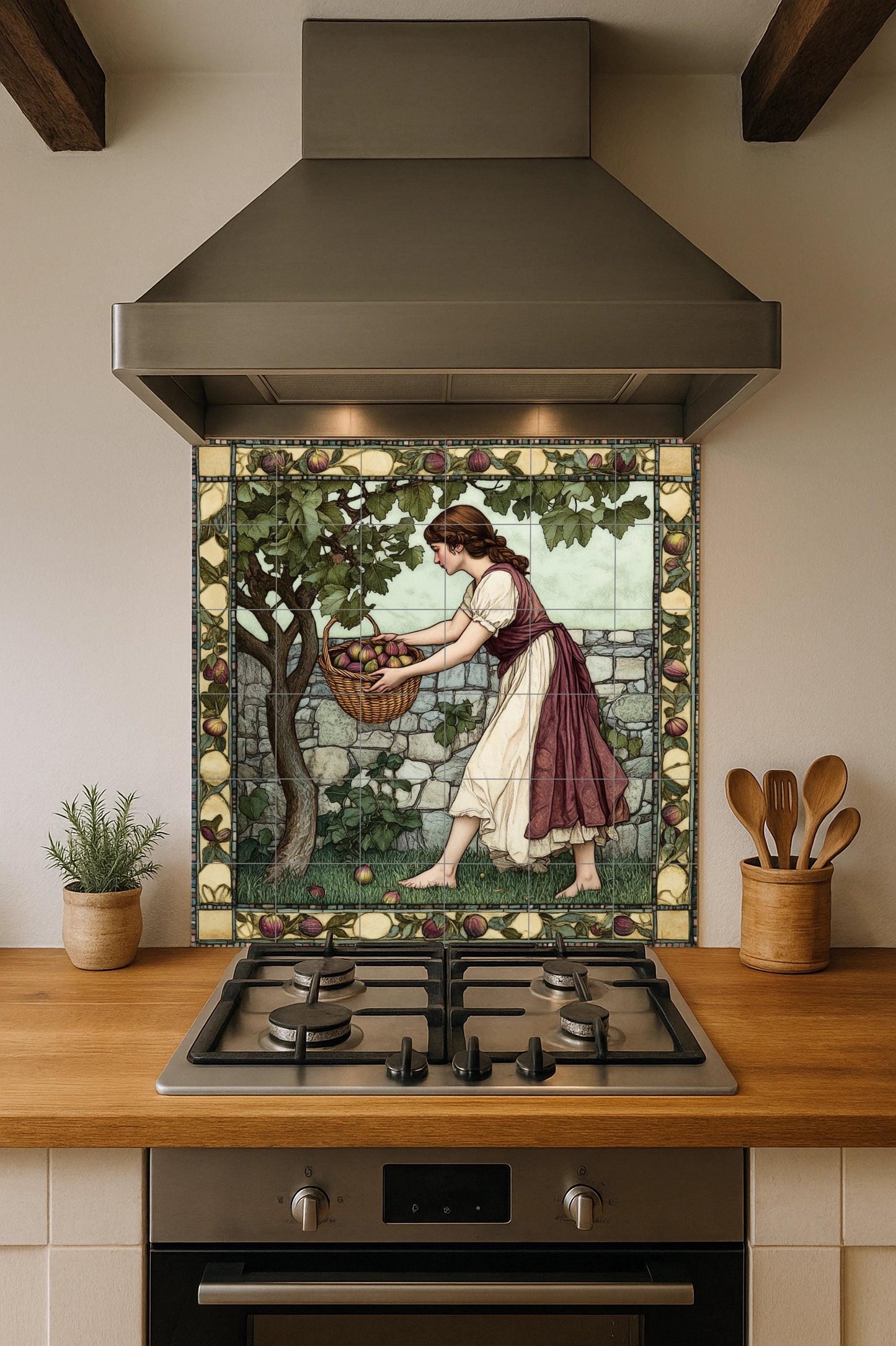 Ceramic mural of the fig harvest: rustic mosaic with a young woman picking fruit, a fruit tree, a stone wall, a decorative border and a bucolic artwork.