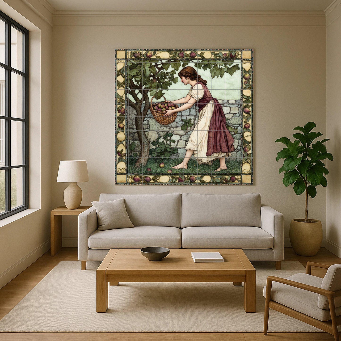 Ceramic mural of the fig harvest: rustic mosaic with a young woman picking fruit, a fruit tree, a stone wall, a decorative border and a bucolic artwork.