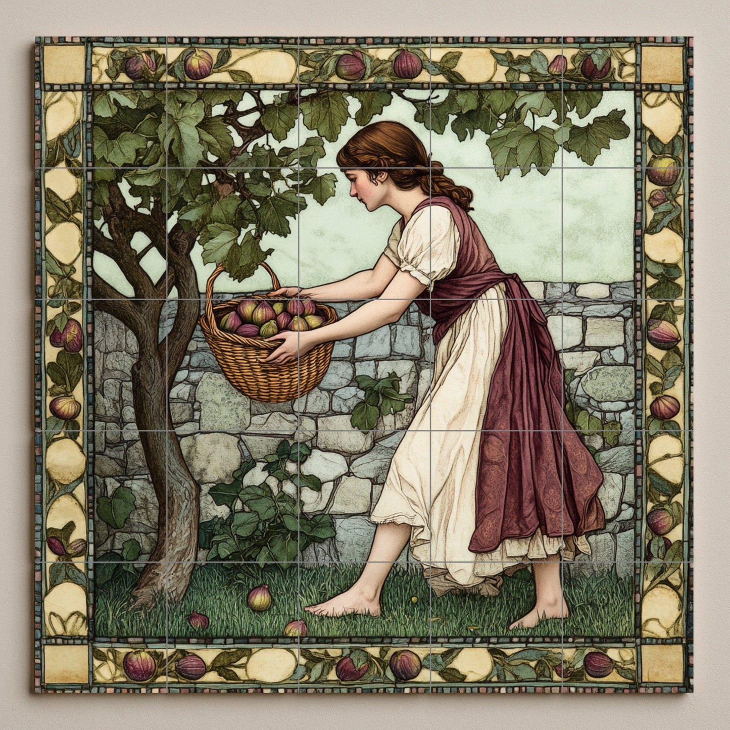 Ceramic mural of the fig harvest: rustic mosaic with a young woman picking fruit, a fruit tree, a stone wall, a decorative border and a bucolic artwork.