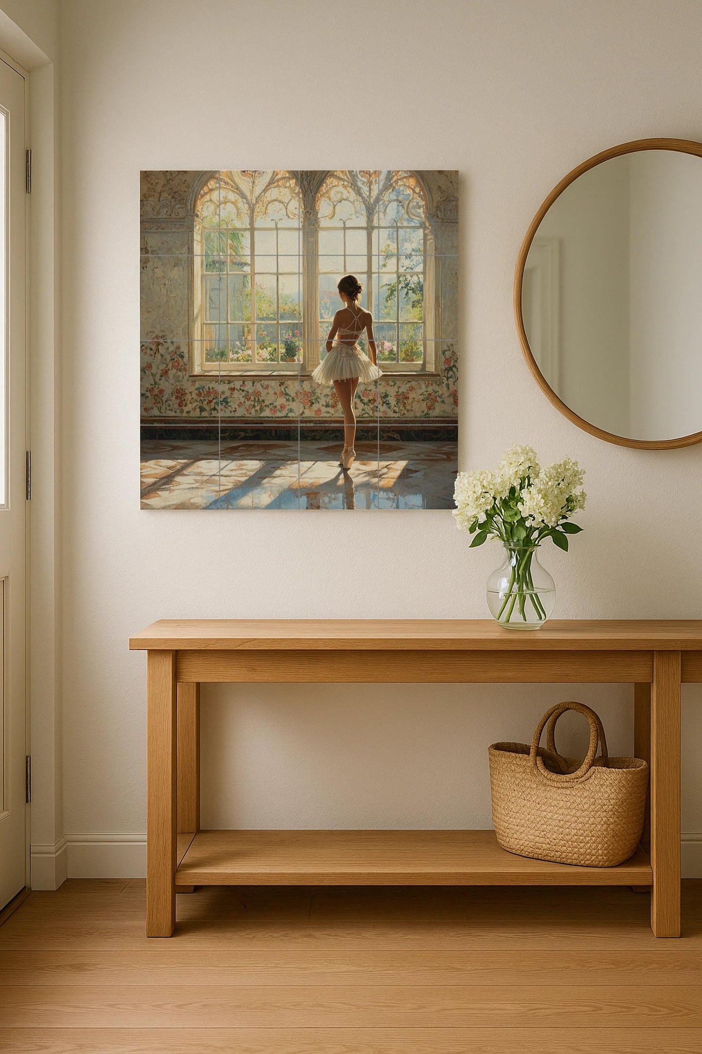 Ceramic mural of a ballerina: elegant dance mosaic with a sunny window, floral walls, classic elegance, and romantic light. Artistic tiles.