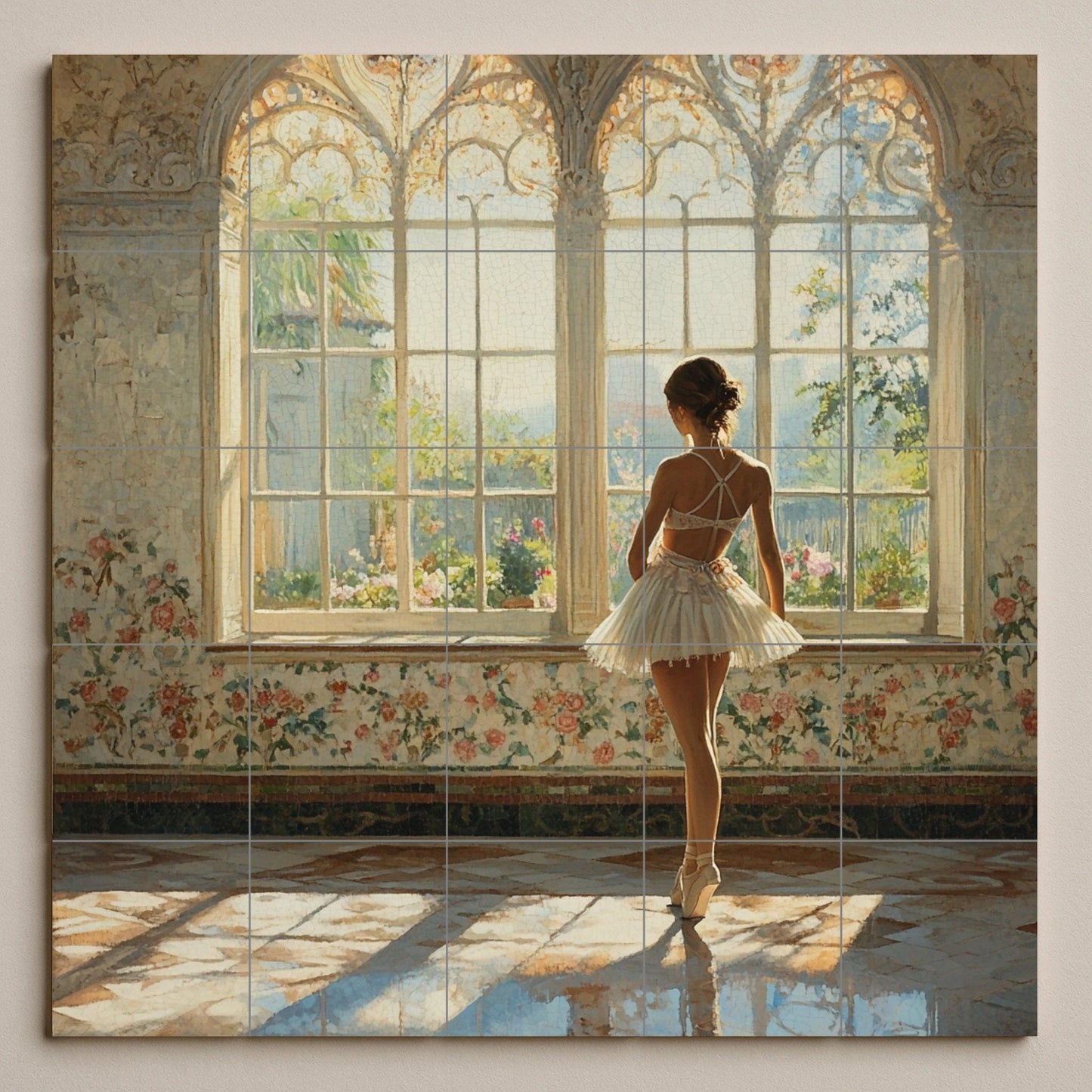 Ceramic mural of a ballerina: elegant dance mosaic with a sunny window, floral walls, classic elegance, and romantic light. Artistic tiles.