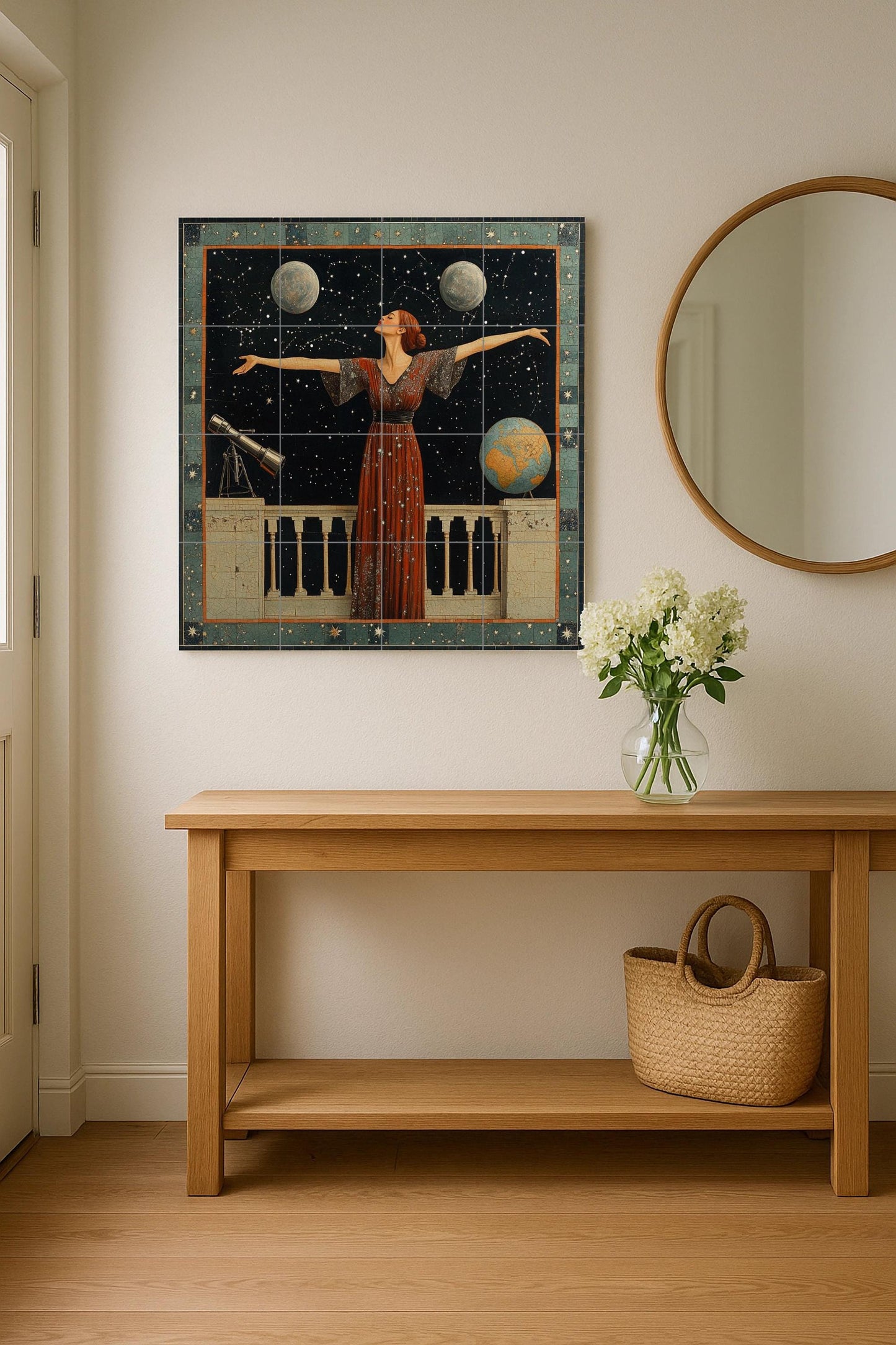 Astronomical ceramic mural: mosaic of a celestial woman with stars, moons, telescope, globe and cosmic night sky.