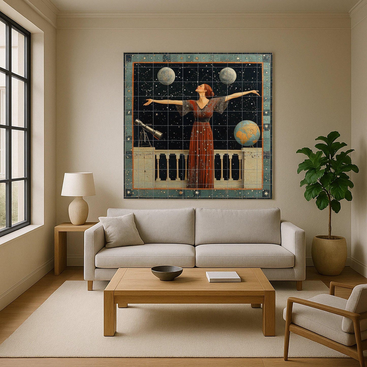 Astronomical ceramic mural: mosaic of a celestial woman with stars, moons, telescope, globe and cosmic night sky.