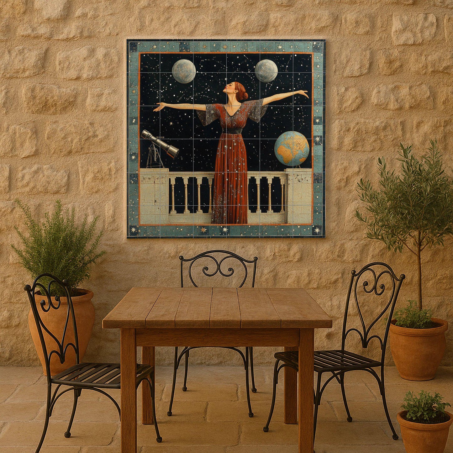 Astronomical ceramic mural: mosaic of a celestial woman with stars, moons, telescope, globe and cosmic night sky.