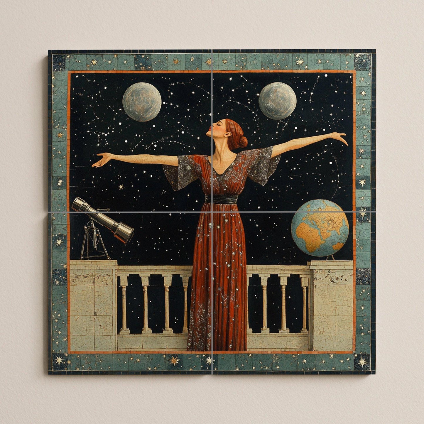 Astronomical ceramic mural: mosaic of a celestial woman with stars, moons, telescope, globe and cosmic night sky.