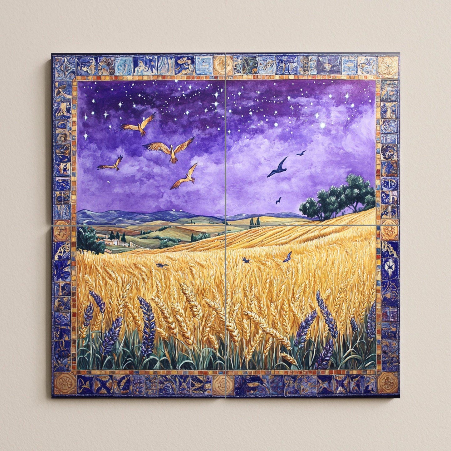 Ceramic mural of a wheat field on a starry night: mosaic of the golden harvest with birds in flight, purple sky, ornamental border and countryside landscape.