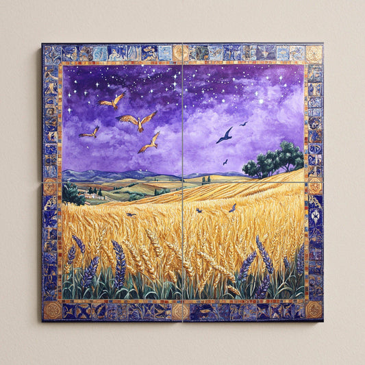 Ceramic mural of a wheat field on a starry night: mosaic of the golden harvest with birds in flight, purple sky, ornamental border and countryside landscape.