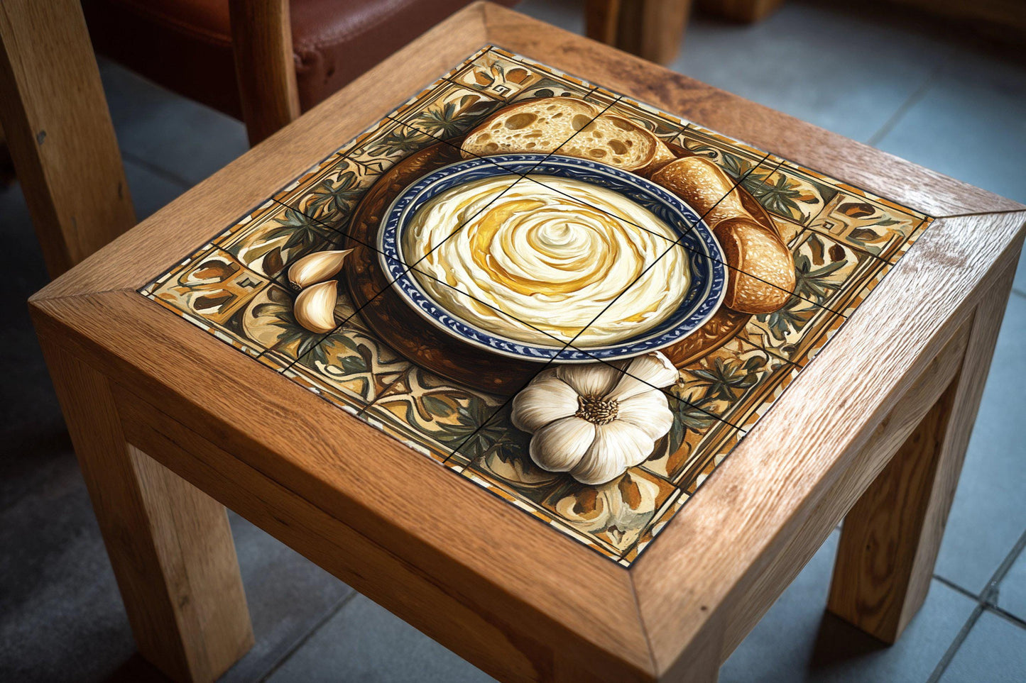 Alioli Catalán ceramic mural: Mediterranean mosaic of garlic and olive oil with rustic bread, decorative tiles and culinary artwork.
