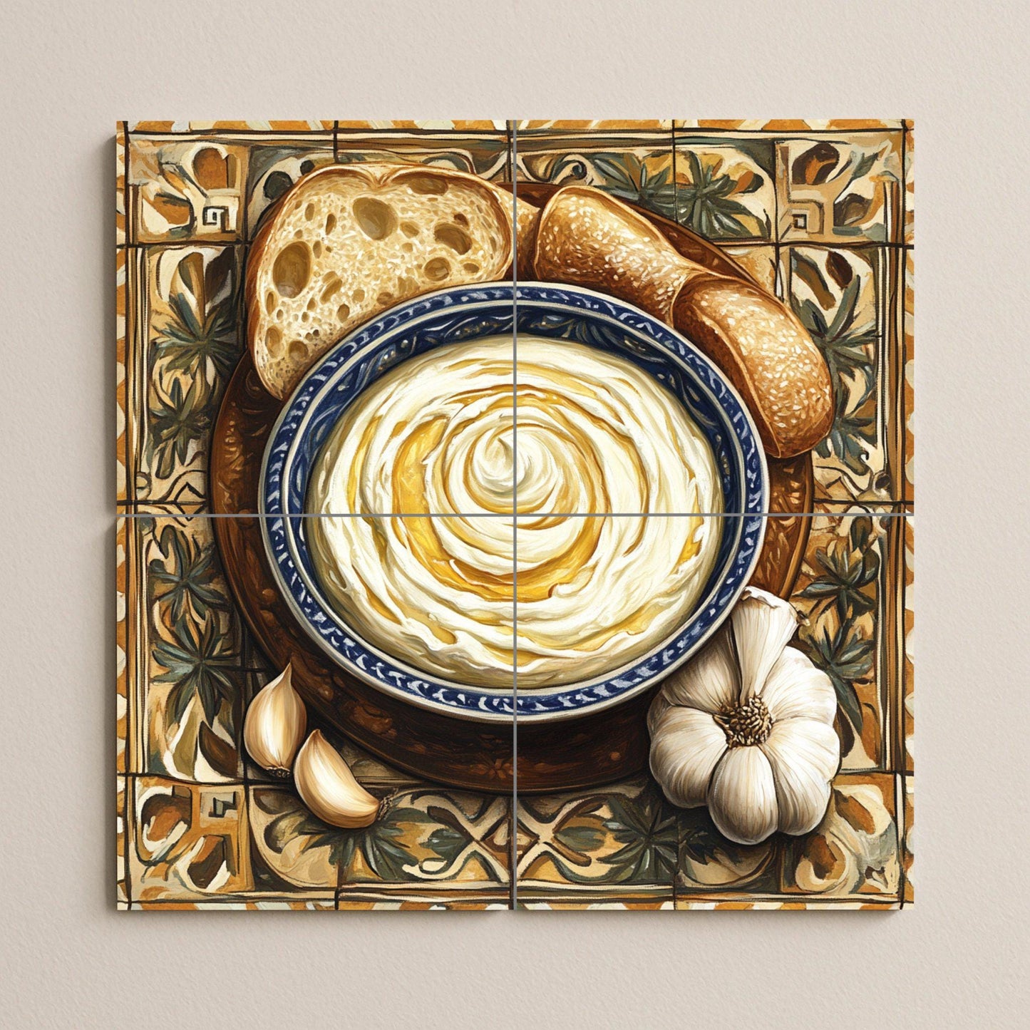 Alioli Catalán ceramic mural: Mediterranean mosaic of garlic and olive oil with rustic bread, decorative tiles and culinary artwork.