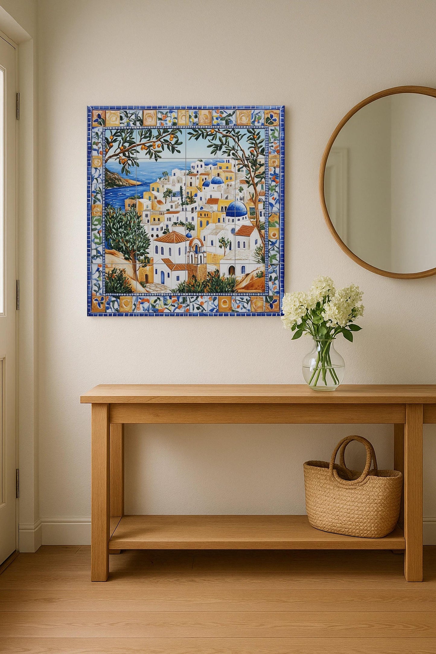 Symi ceramic mural: mosaic of a Mediterranean village with blue domes, sea horizon, olive trees, citrus border and coastal architecture tiles.