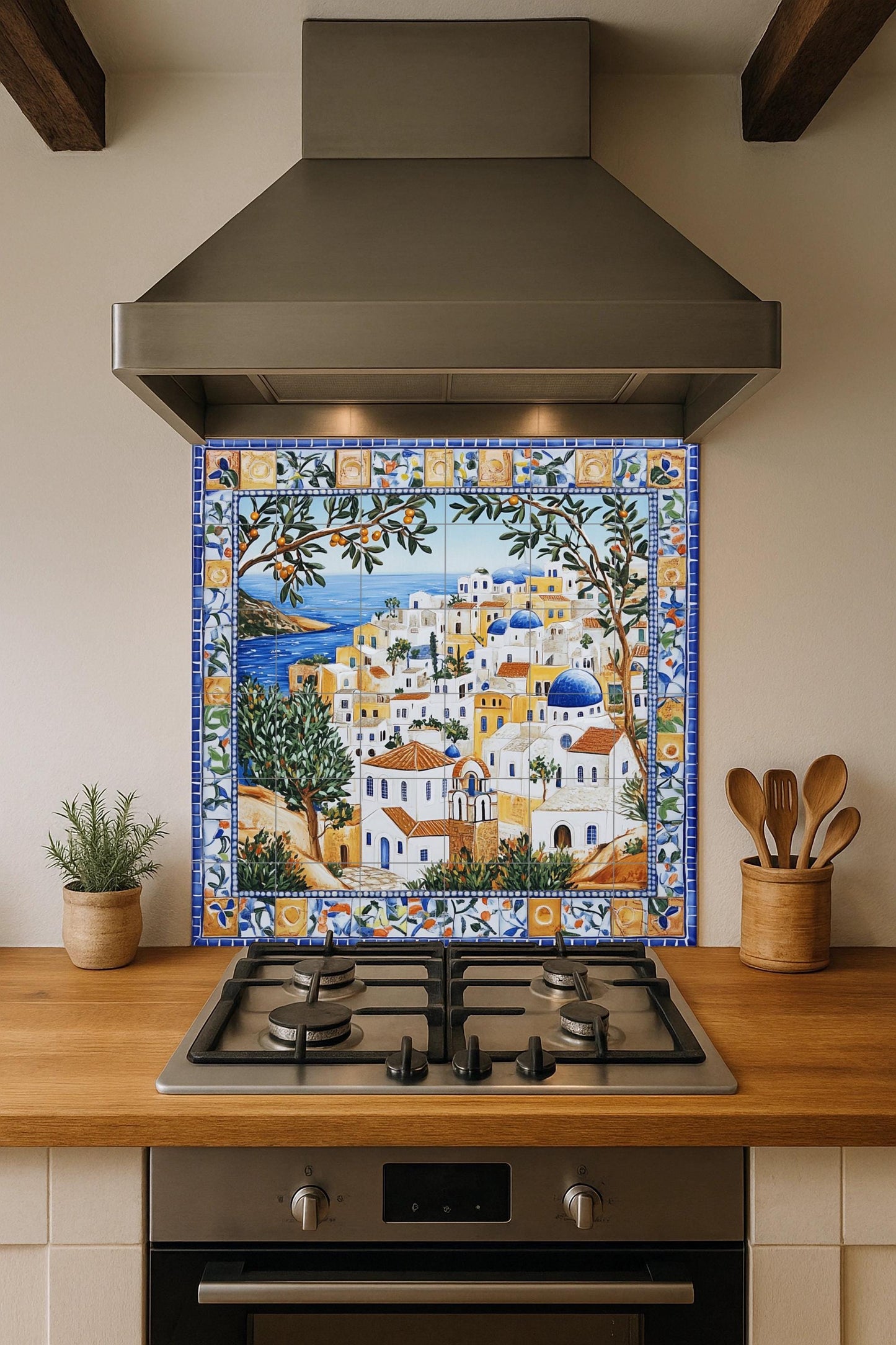Symi ceramic mural: mosaic of a Mediterranean village with blue domes, sea horizon, olive trees, citrus border and coastal architecture tiles.