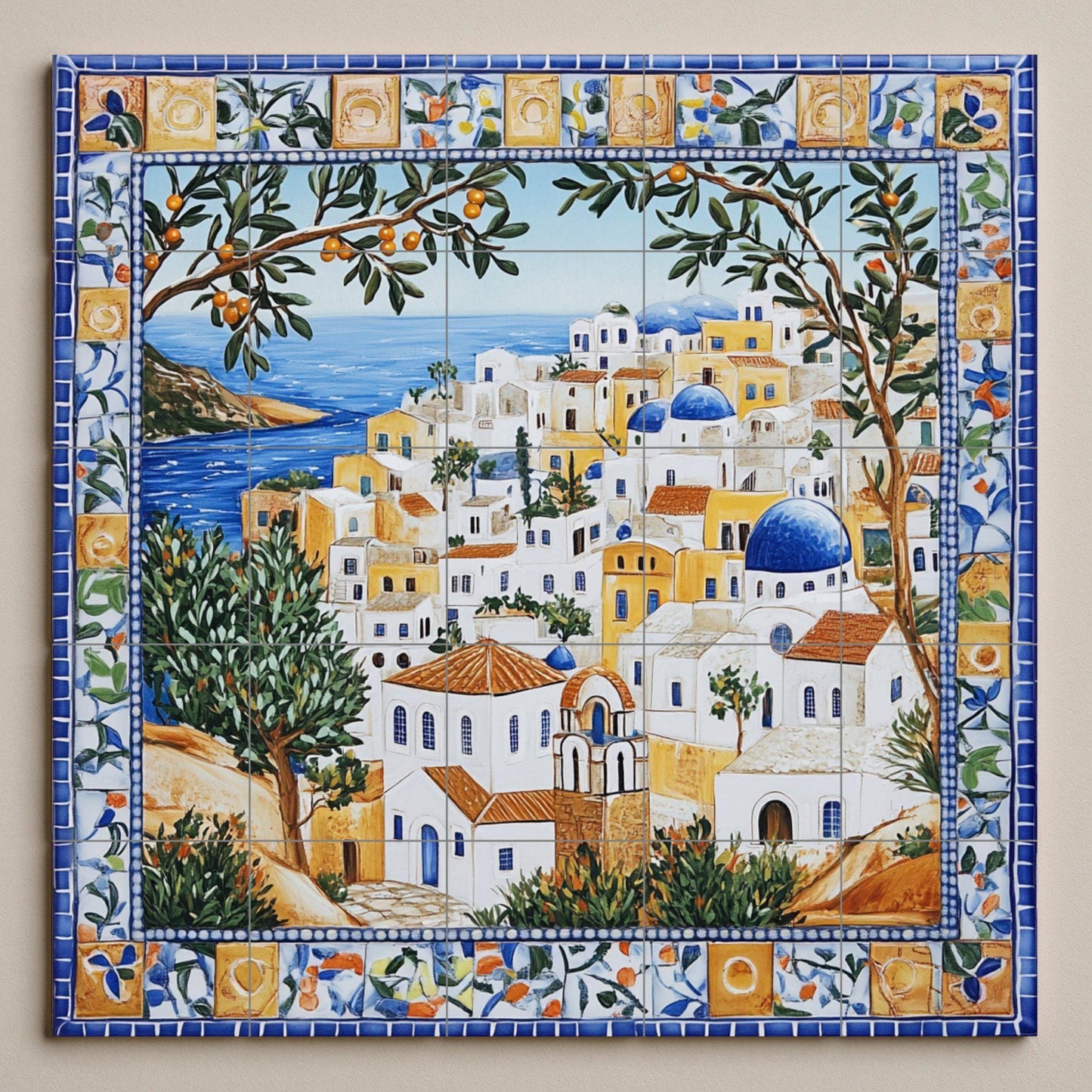 Symi ceramic mural: mosaic of a Mediterranean village with blue domes, sea horizon, olive trees, citrus border and coastal architecture tiles.