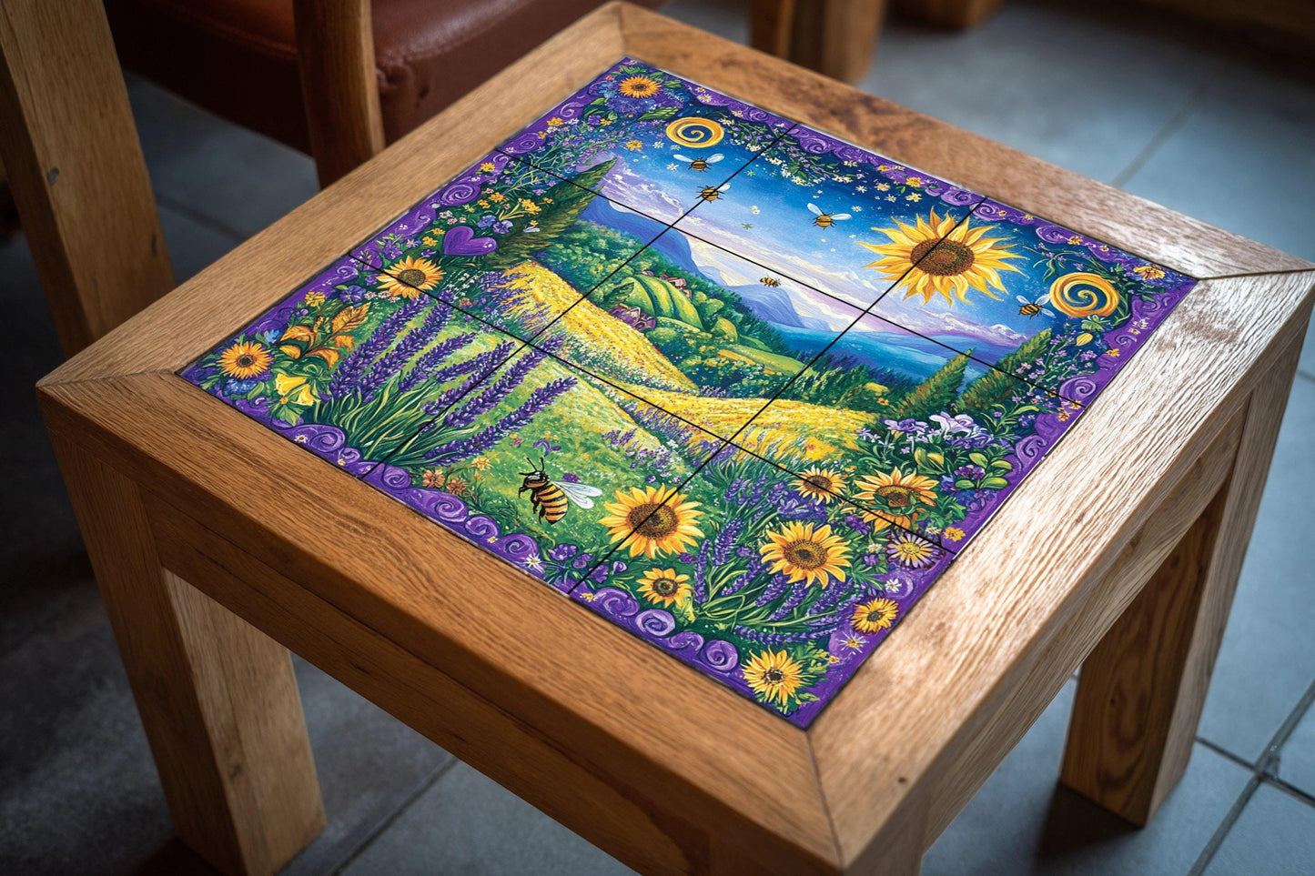 Ceramic mural of sunflowers and bees: vibrant meadow mosaic with lavender fields, golden hills, blooming flowers and an enchanted landscape.