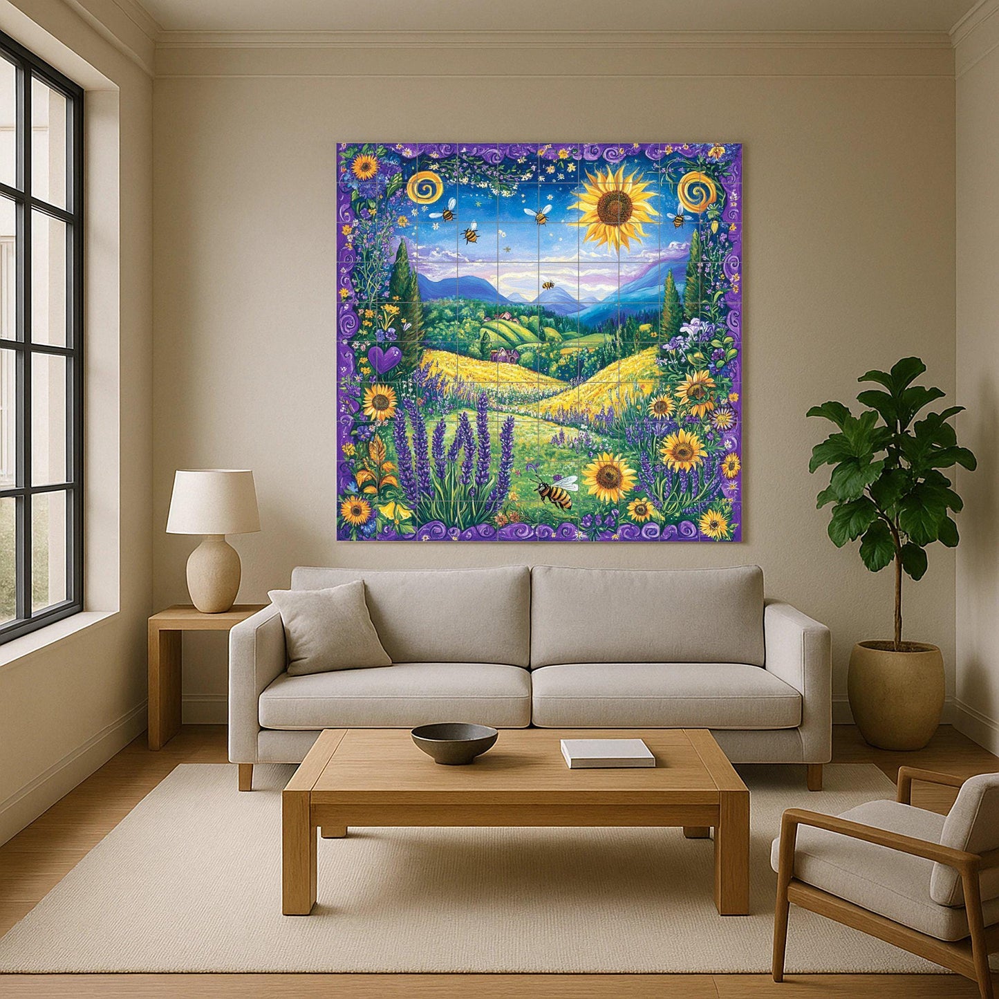 Ceramic mural of sunflowers and bees: vibrant meadow mosaic with lavender fields, golden hills, blooming flowers and an enchanted landscape.