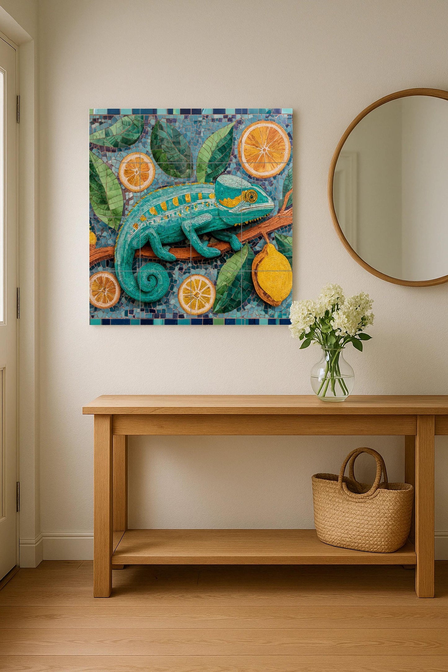 Chameleon mosaic ceramic mural: Exotic reptile artwork featuring citrus oranges, lemons, botanical leaves, and colorful tile designs.