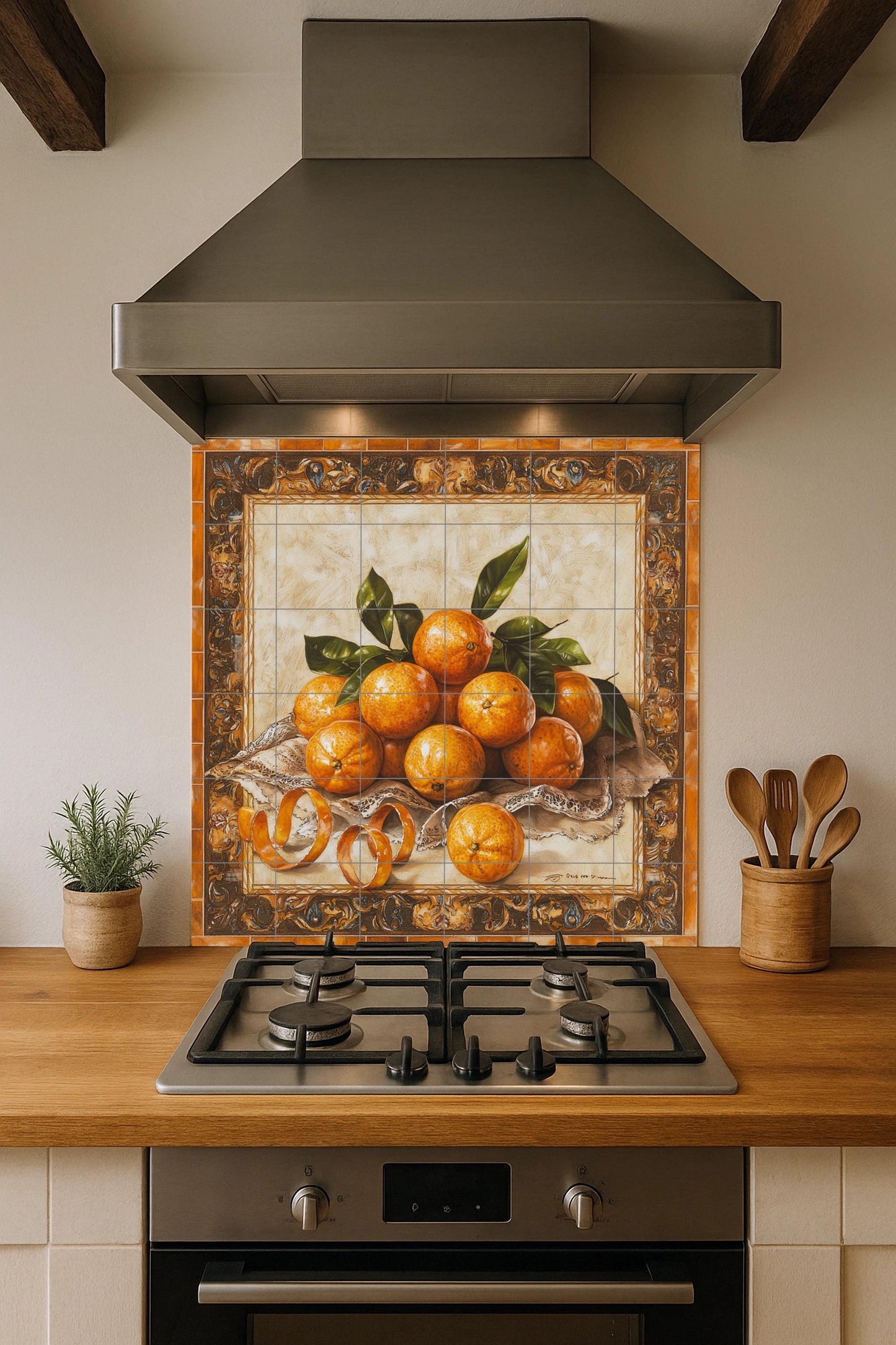 Ceramic tile mural with oranges, curled peels, lace fabric and decorative wall art panel with fruit still life and ornate baroque border.