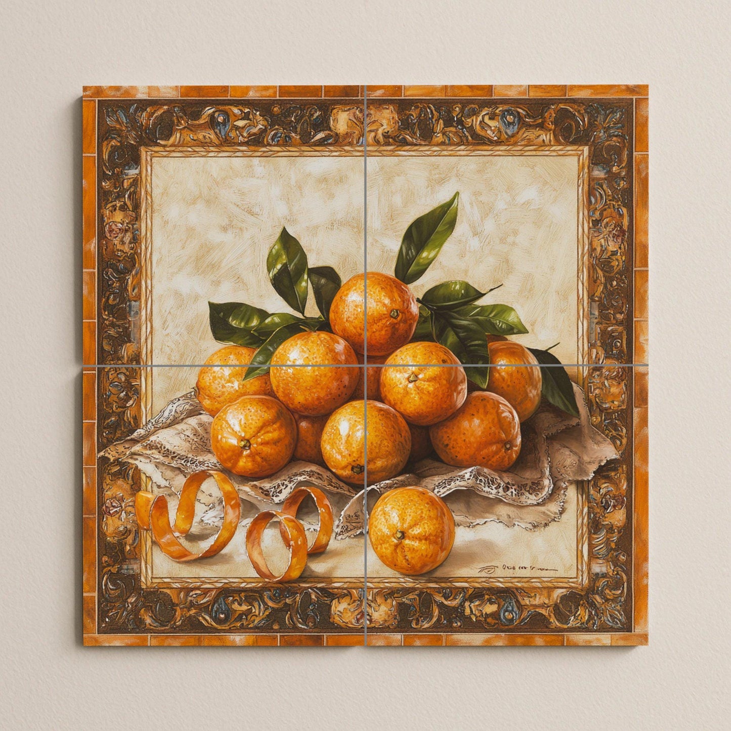 Ceramic tile mural with oranges, curled peels, lace fabric and decorative wall art panel with fruit still life and ornate baroque border.