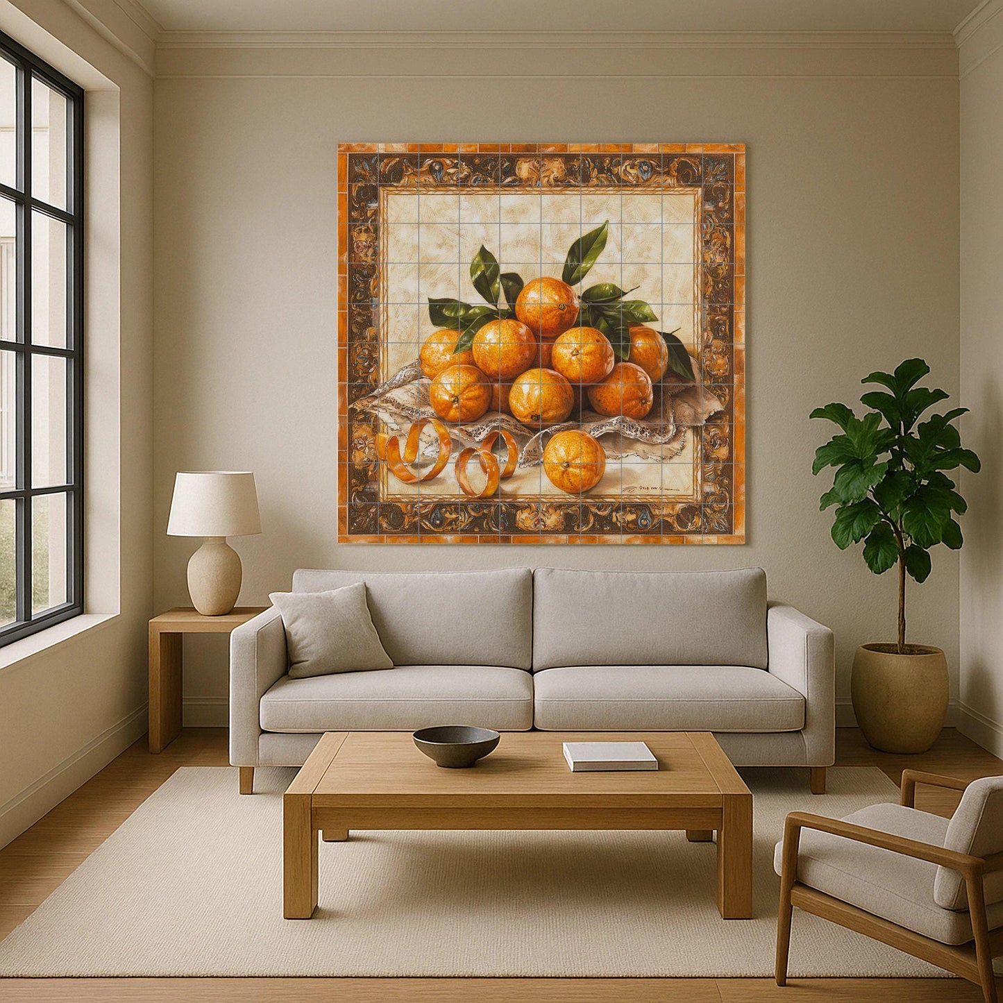 Ceramic tile mural with oranges, curled peels, lace fabric and decorative wall art panel with fruit still life and ornate baroque border.