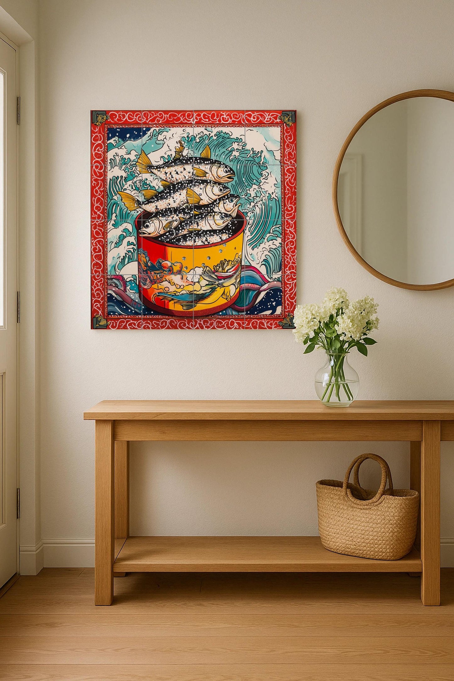 Ceramic tile mural with stylized fish in red pots, breaking waves, border inspired by Japanese ukiyo-e, bold nautical wall art decorative panel