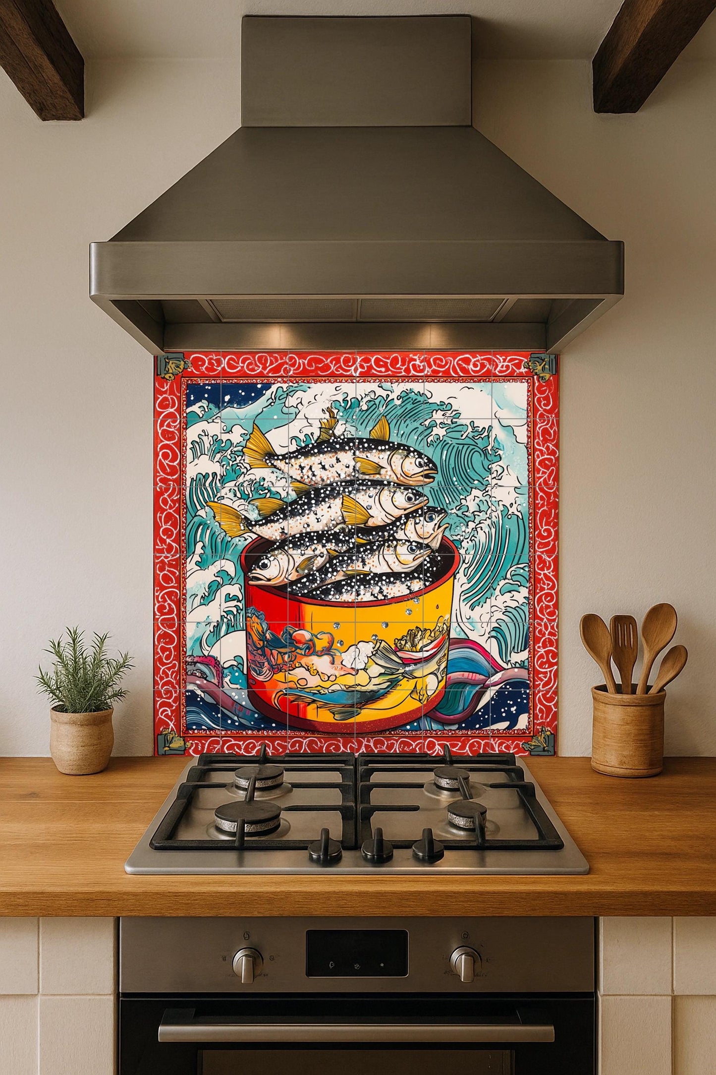 Ceramic tile mural with stylized fish in red pots, breaking waves, border inspired by Japanese ukiyo-e, bold nautical wall art decorative panel