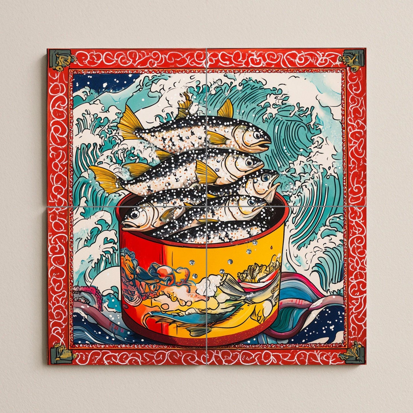 Ceramic tile mural with stylized fish in red pots, breaking waves, border inspired by Japanese ukiyo-e, bold nautical wall art decorative panel