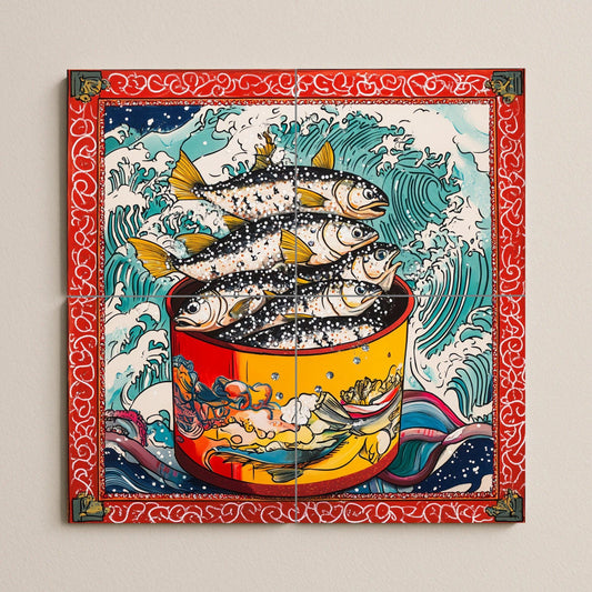 Ceramic tile mural with stylized fish in red pots, breaking waves, border inspired by Japanese ukiyo-e, bold nautical wall art decorative panel