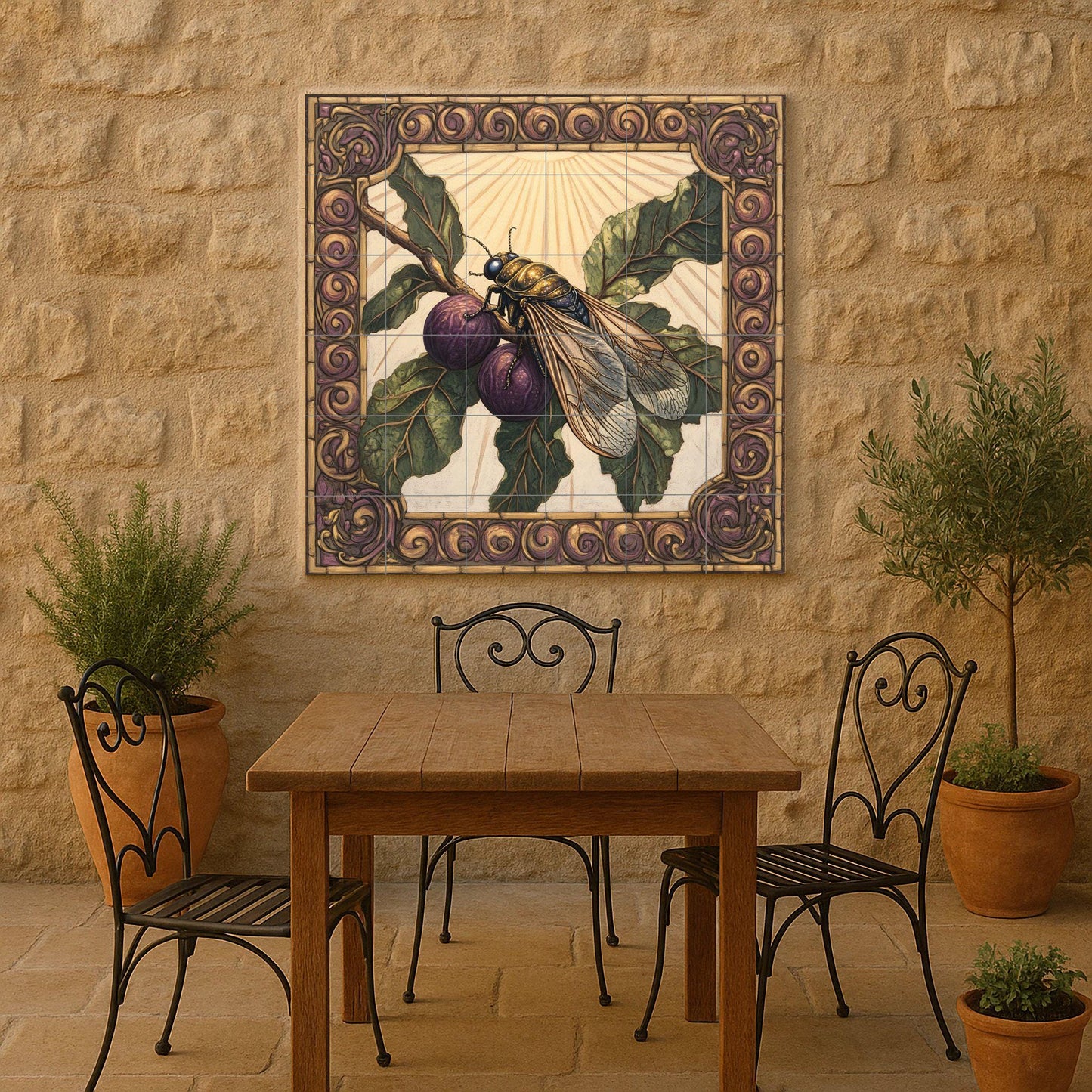 Ceramic tile mural with purple figs, Mediterranean fig wasp design, ornate Renaissance border, handmade decorative panel with symbolic botanical art for wall.