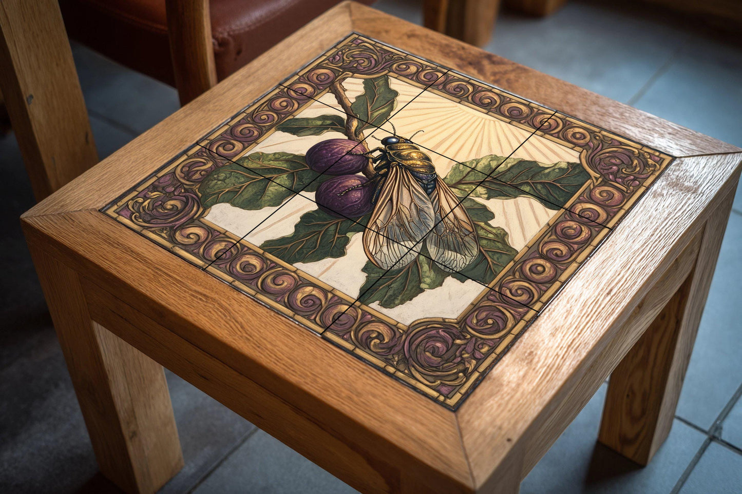 Ceramic tile mural with purple figs, Mediterranean fig wasp design, ornate Renaissance border, handmade decorative panel with symbolic botanical art for wall.