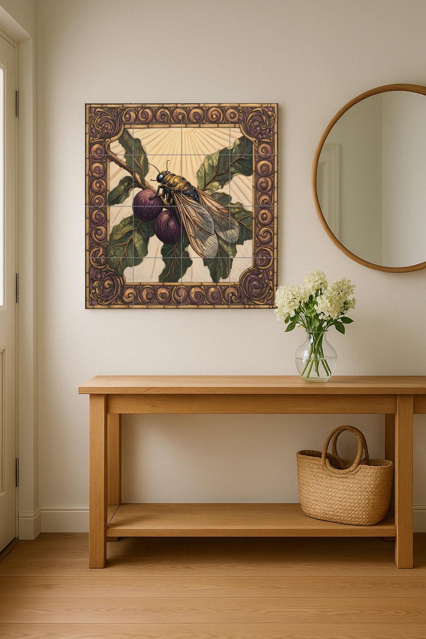 Ceramic tile mural with purple figs, Mediterranean fig wasp design, ornate Renaissance border, handmade decorative panel with symbolic botanical art for wall.