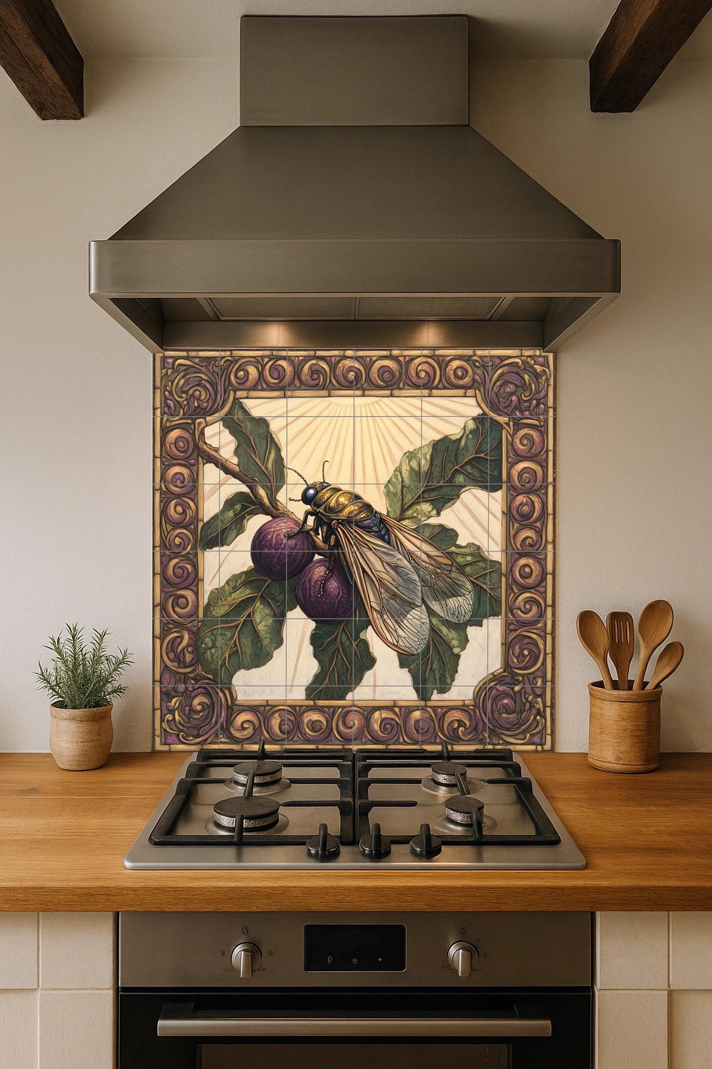 Ceramic tile mural with purple figs, Mediterranean fig wasp design, ornate Renaissance border, handmade decorative panel with symbolic botanical art for wall.