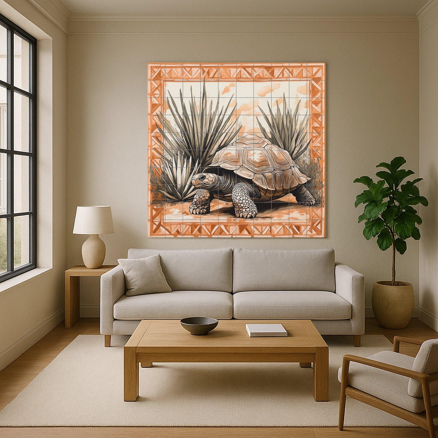 Desert tortoise ceramic tile mural with agave plants, geometric terracotta border, Southwest wildlife wall art, handmade rustic panel