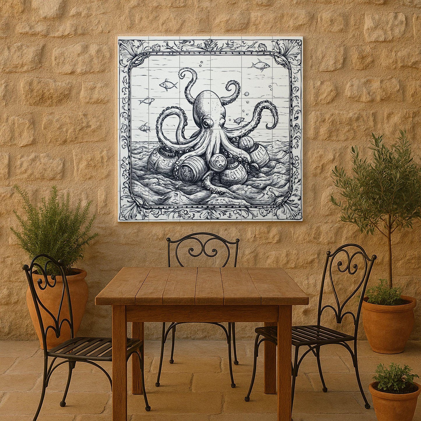 Nautical octopus and vintage barrel ceramic tile mural, monochromatic maritime engraving style, coastal art decorative panel for wall backsplash.