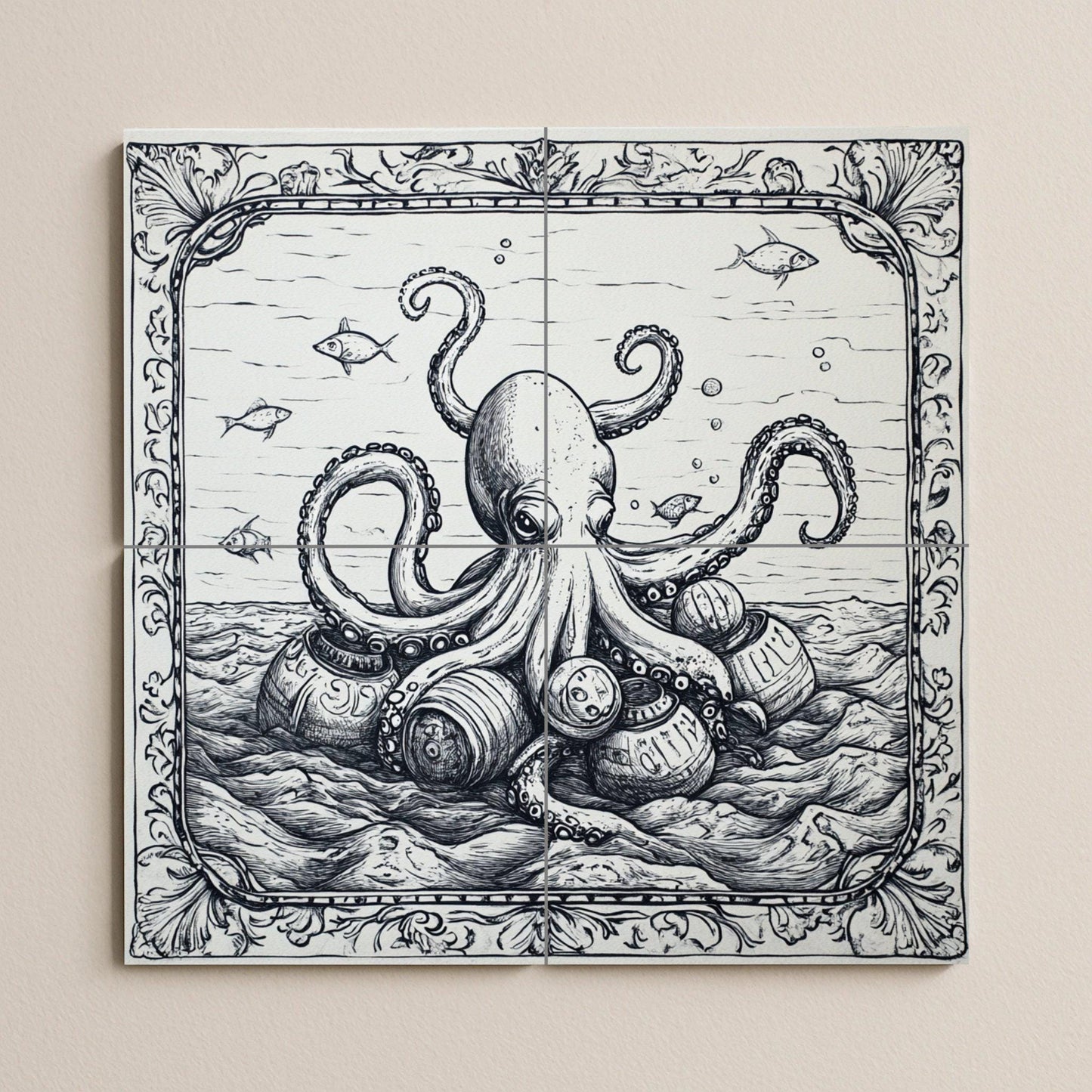 Nautical octopus and vintage barrel ceramic tile mural, monochromatic maritime engraving style, coastal art decorative panel for wall backsplash.