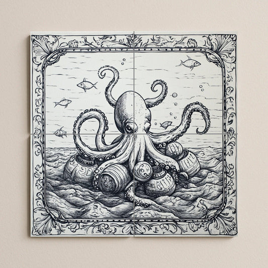 Nautical octopus and vintage barrel ceramic tile mural, monochromatic maritime engraving style, coastal art decorative panel for wall backsplash.
