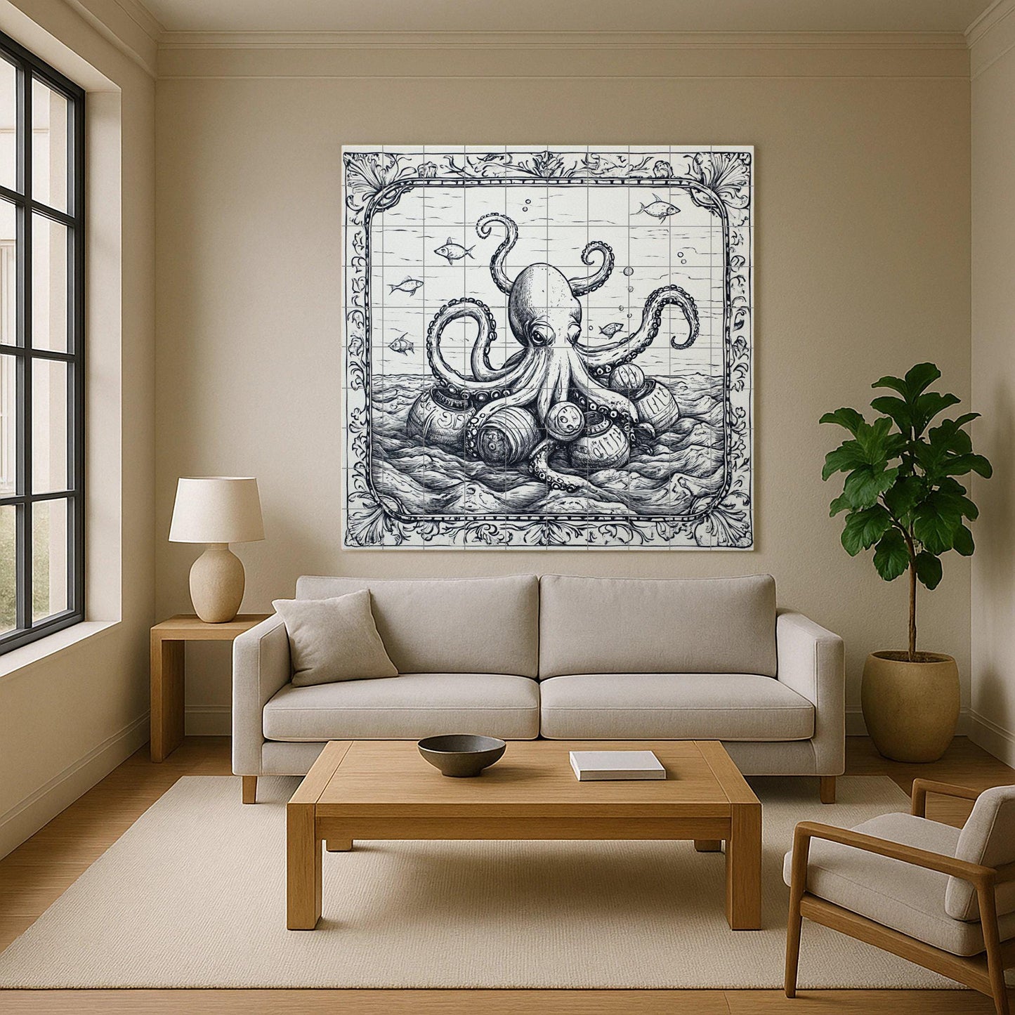 Nautical octopus and vintage barrel ceramic tile mural, monochromatic maritime engraving style, coastal art decorative panel for wall backsplash.