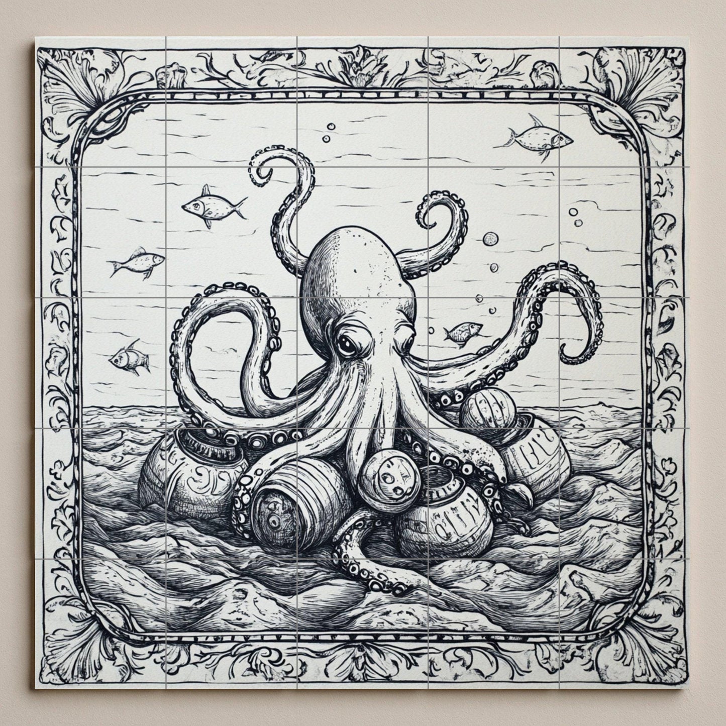 Nautical octopus and vintage barrel ceramic tile mural, monochromatic maritime engraving style, coastal art decorative panel for wall backsplash.