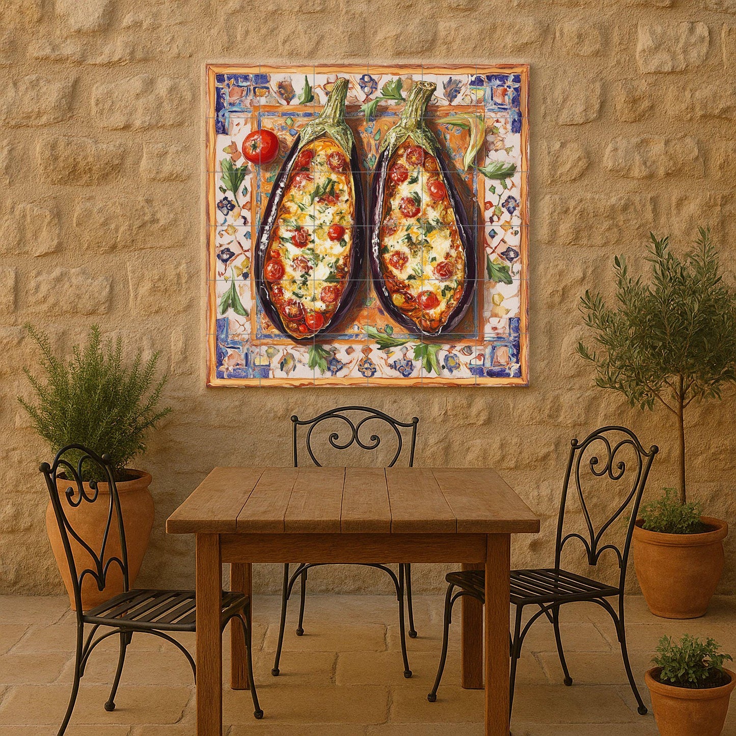 Mediterranean ceramic tile mural with baked eggplants, folk art of rustic Sicilian cuisine, tomato, garlic and cheese design, decorative panel