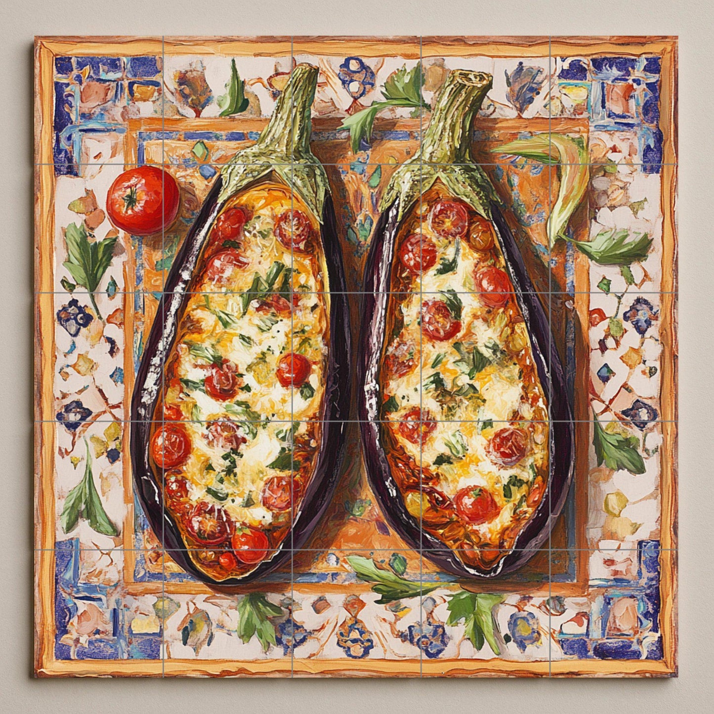 Mediterranean ceramic tile mural with baked eggplants, folk art of rustic Sicilian cuisine, tomato, garlic and cheese design, decorative panel