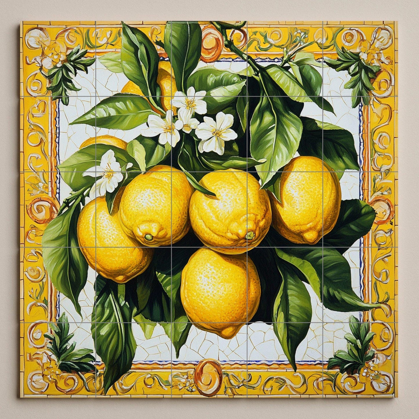 Ceramic tile mural with lemons, citrus blossoms, green leaves and a decorative wall art panel with fruit and ornate yellow border.
