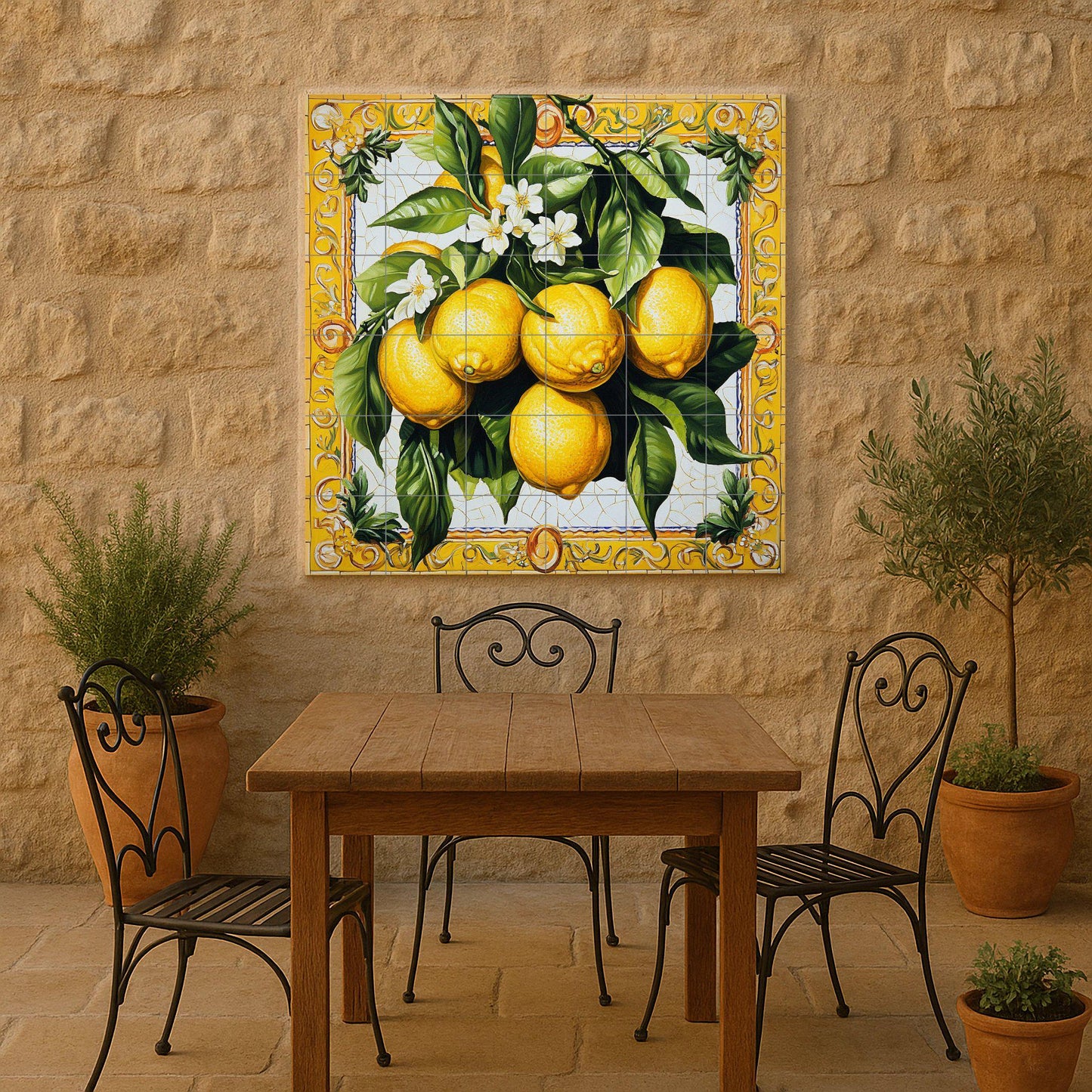 Ceramic tile mural with lemons, citrus blossoms, green leaves and a decorative wall art panel with fruit and ornate yellow border.