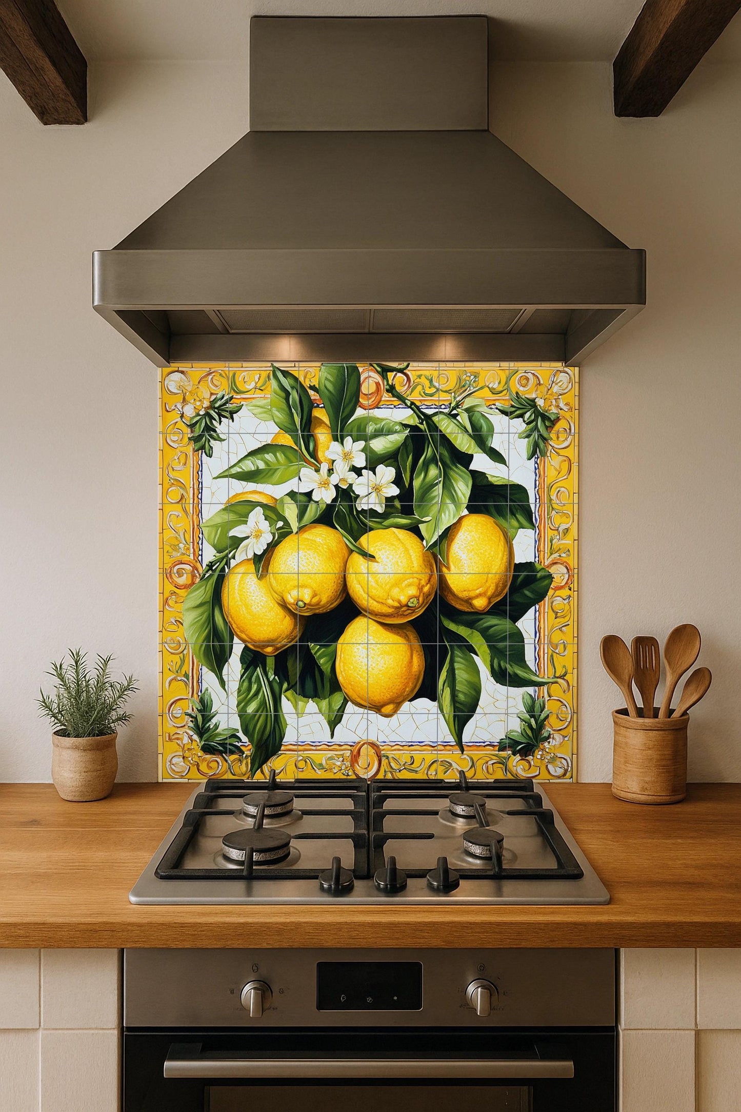 Ceramic tile mural with lemons, citrus blossoms, green leaves and a decorative wall art panel with fruit and ornate yellow border.