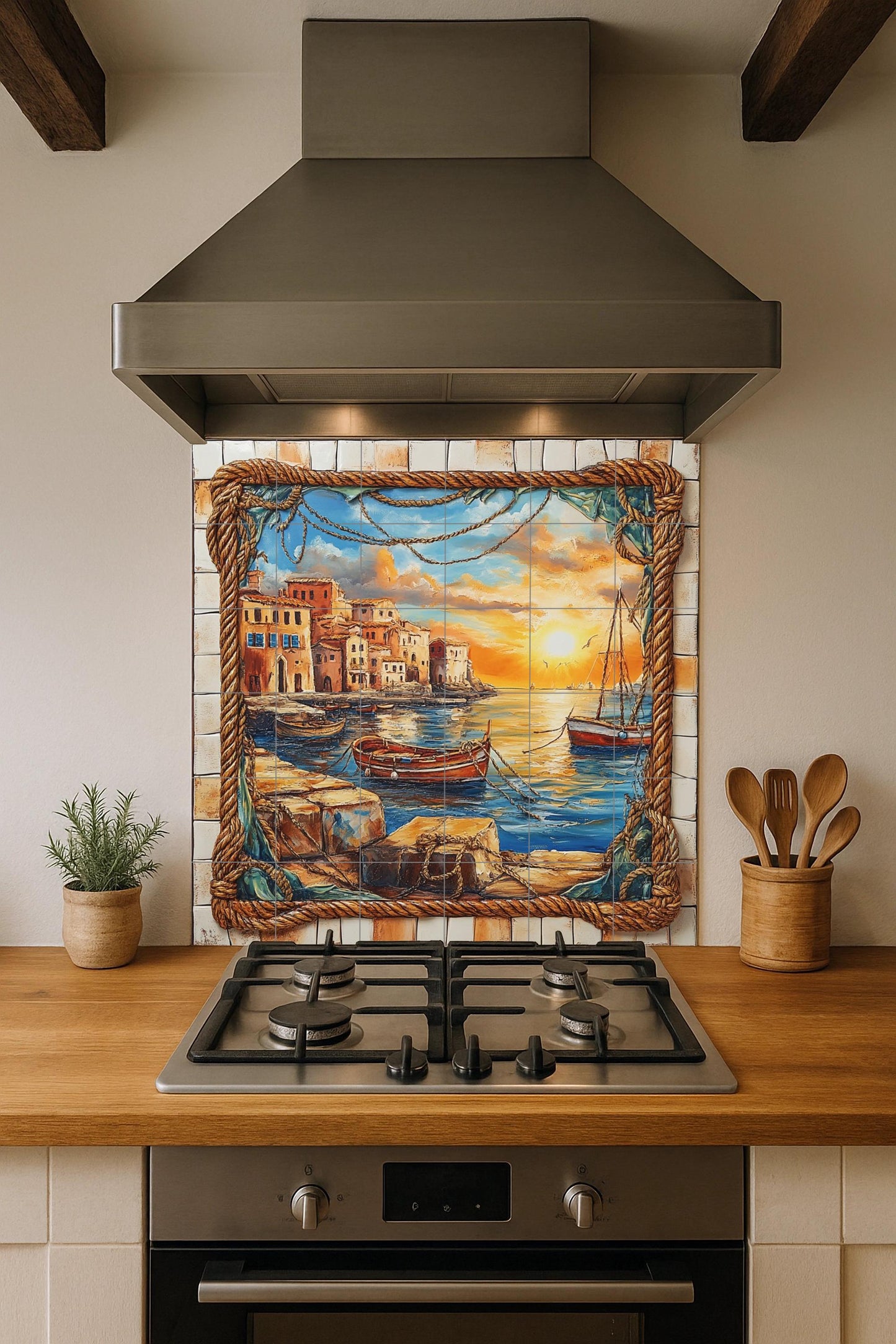Ceramic tile mural with sunset at the port, fishing boats, rope border, stone pier and coastal houses reflected in the golden sea.