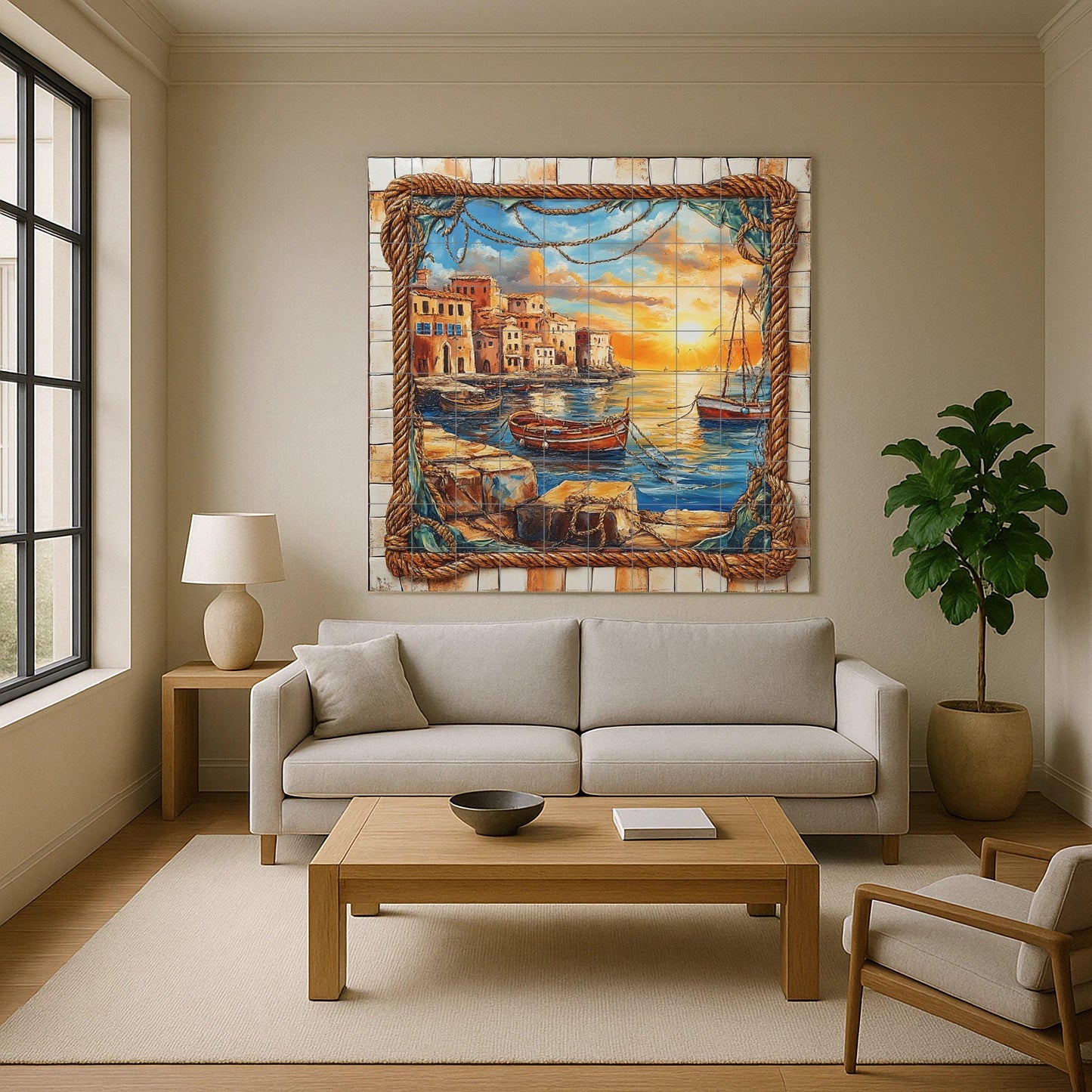 Ceramic tile mural with sunset at the port, fishing boats, rope border, stone pier and coastal houses reflected in the golden sea.