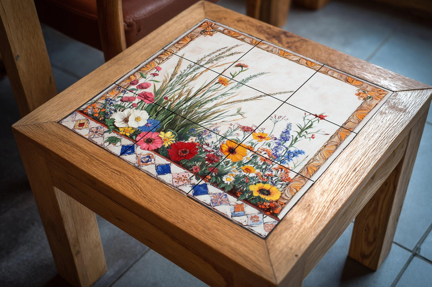 Ceramic tile mural with wildflower meadow border, wheat stalks, poppies, daisies, marigolds and decorative botanical panel with ornate frame.
