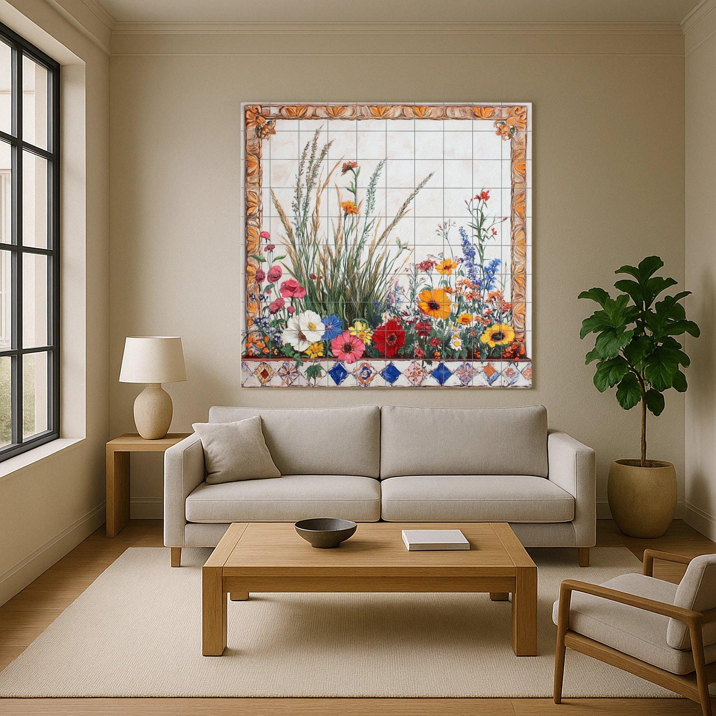 Ceramic tile mural with wildflower meadow border, wheat stalks, poppies, daisies, marigolds and decorative botanical panel with ornate frame.