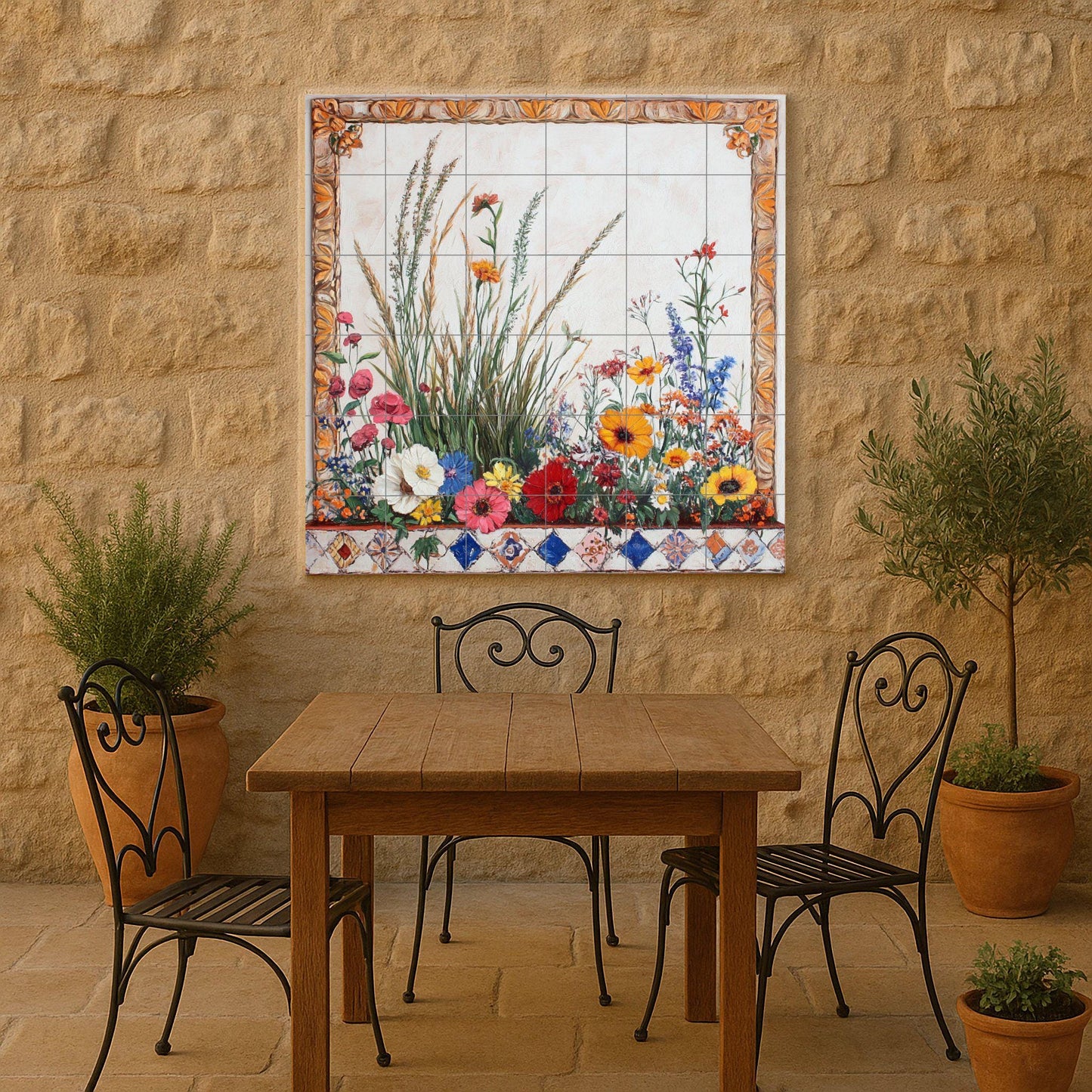 Ceramic tile mural with wildflower meadow border, wheat stalks, poppies, daisies, marigolds and decorative botanical panel with ornate frame.