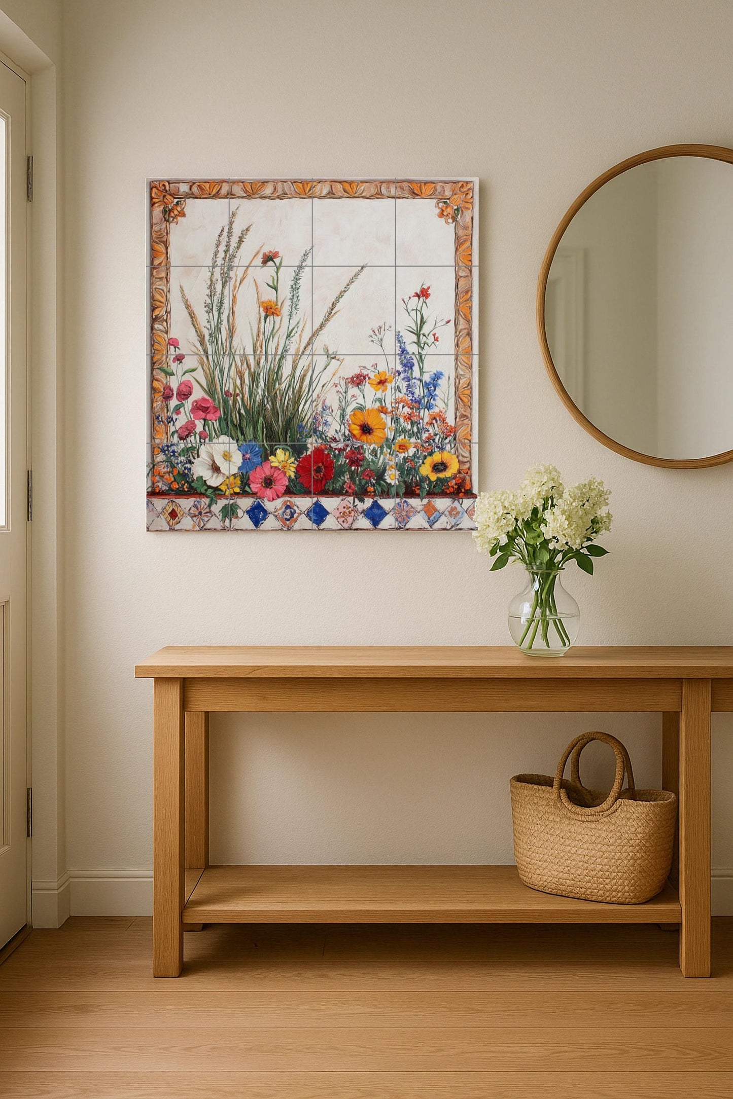Ceramic tile mural with wildflower meadow border, wheat stalks, poppies, daisies, marigolds and decorative botanical panel with ornate frame.